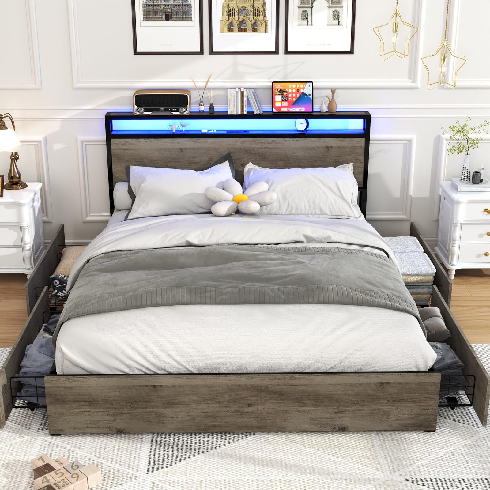 Kiivakii Queen Size Bed Frame with 4 Storage Drawers, LED Platform Bed with Headboard, Built in Charging Station, Noise Free, St