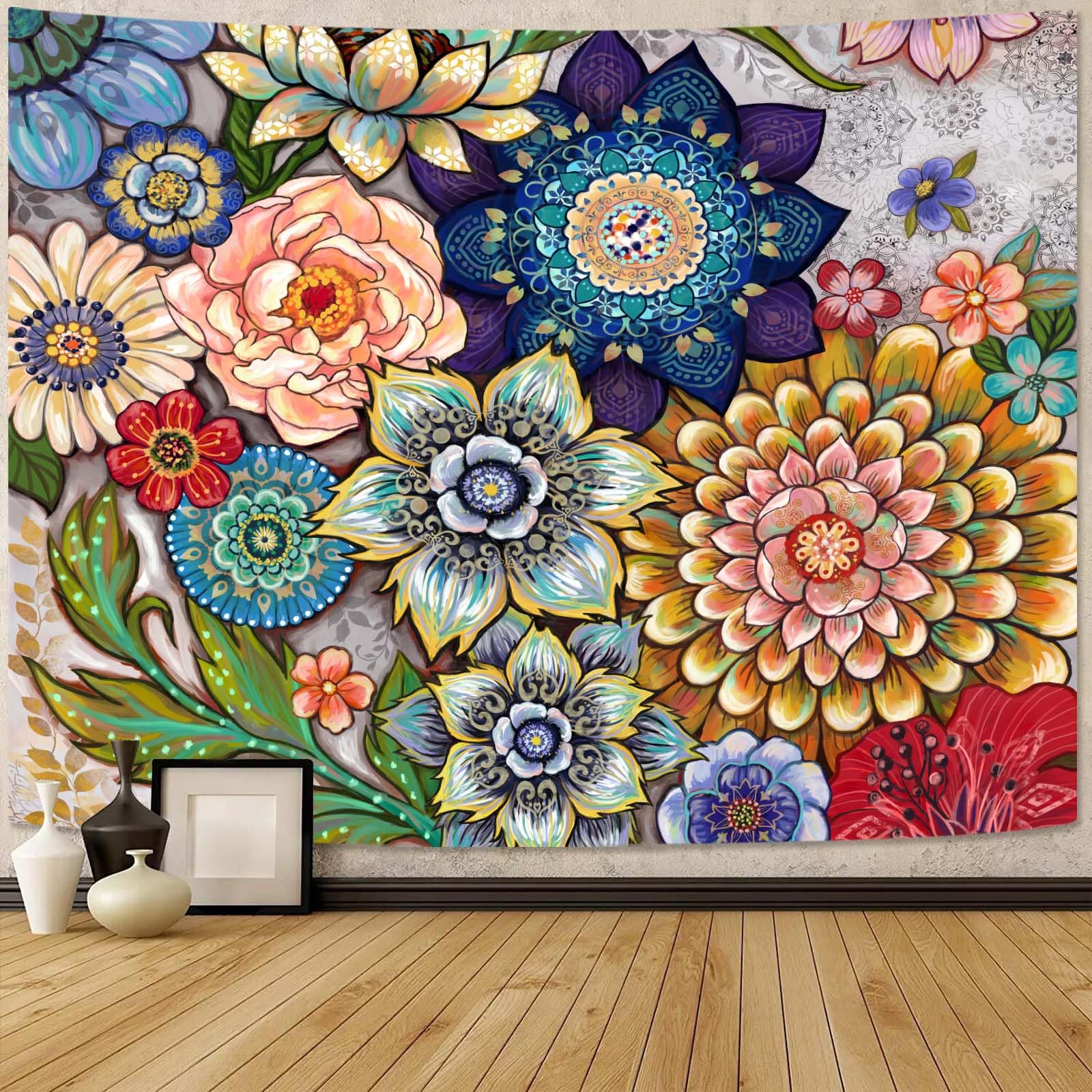 Neasow Colorful Floral Tapestry Wall Hanging, Bright Boho Fabric Blossom Tapestries, Multi Color Tapestry For Bedroom Home Hippi