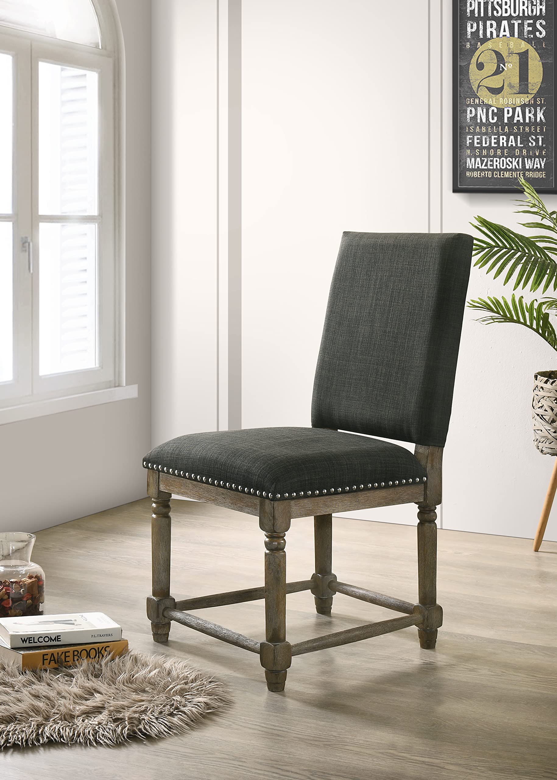 Lilola Home Everton Set of 2 Gray Fabric Dining Chair with Nailhead Trim