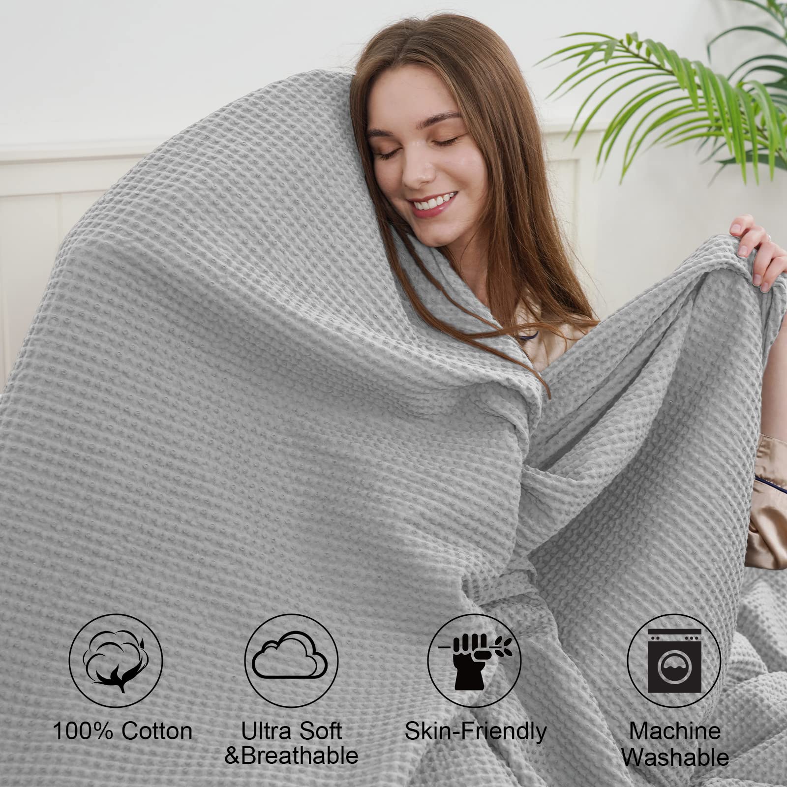 Phf 100% Cotton Waffle Weave Blanket Twin Size 66'X90' -Lightweight Washed Soft Breathable Blanket For All Season-Perfect Blanket Layer For Couch Bed Sofa - Light Grey