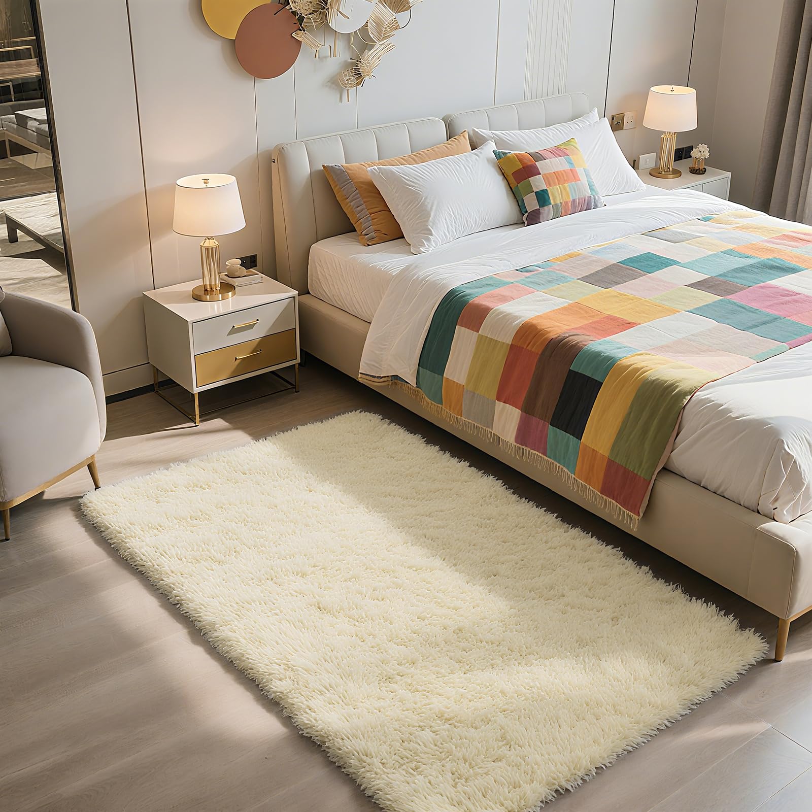 Shag Area Rug for Bedroom 3x5,Ivory Fluffy Area Rugs for Living Room,Soft Fuzzy Rug Non-Shedding Indoor Plush Carpet for Kids Be