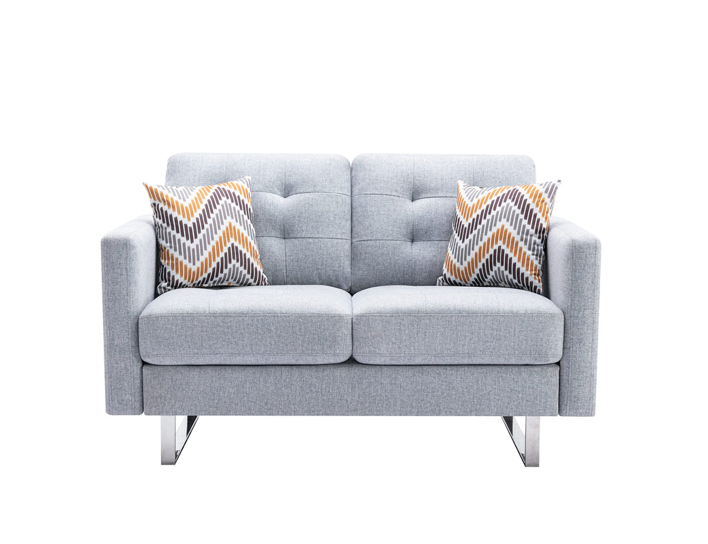 Lilola Home Victoria Light Gray Linen Fabric Loveseat with Metal Legs, Side Pockets, and Pillows
