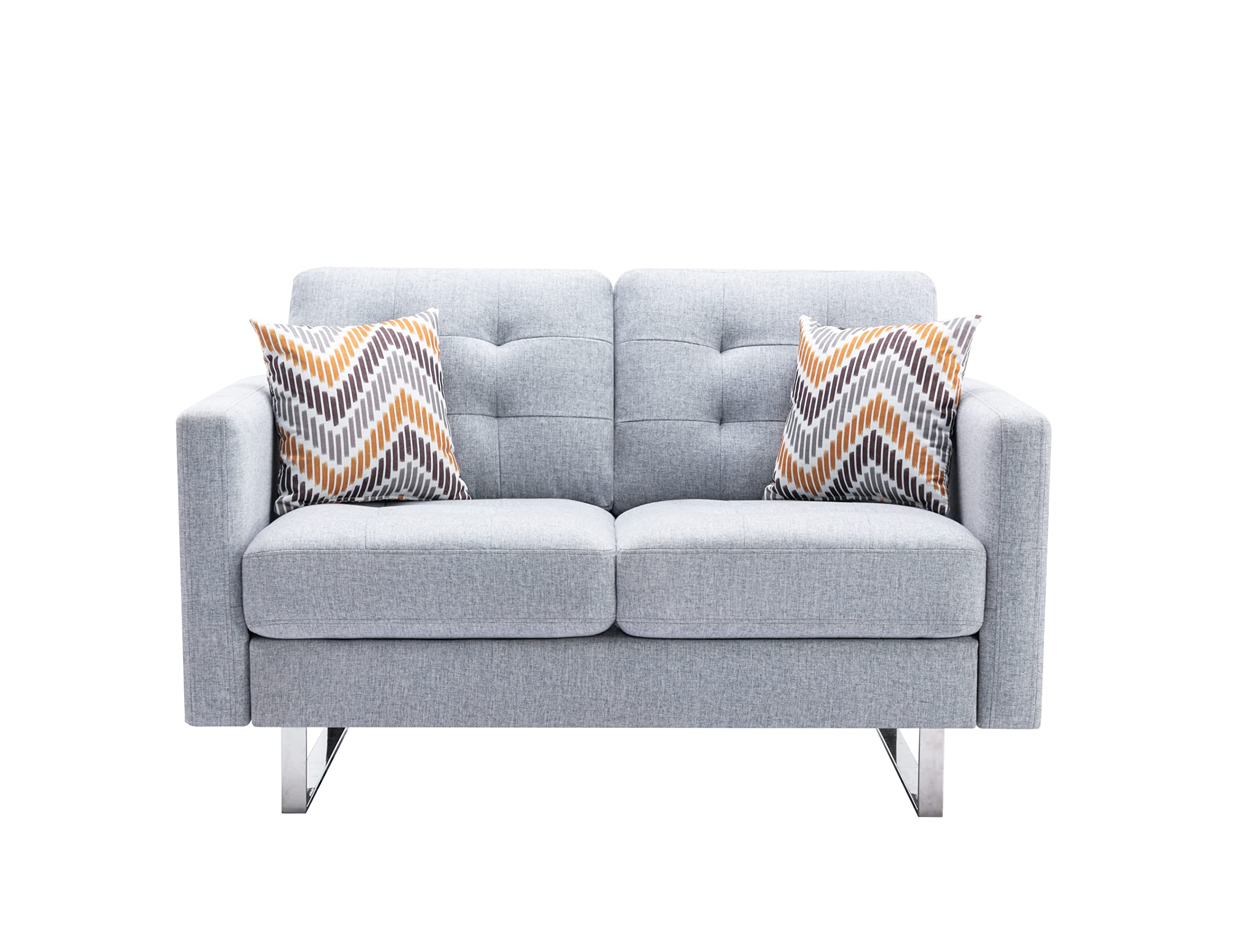Lilola Home Victoria Light Gray Linen Fabric Loveseat with Metal Legs, Side Pockets, and Pillows