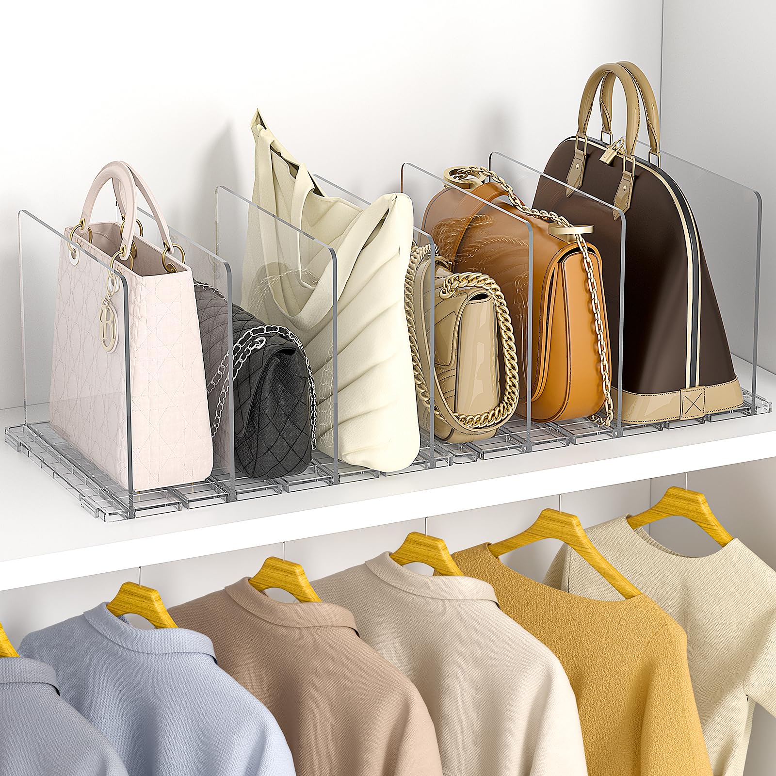 Gomaihe Bag & Purse Organizer For Closet: 2-Pack Adjustable Clear Handbag Storage Shelf - Plastic Clutch Dividers | Minimal | Ke