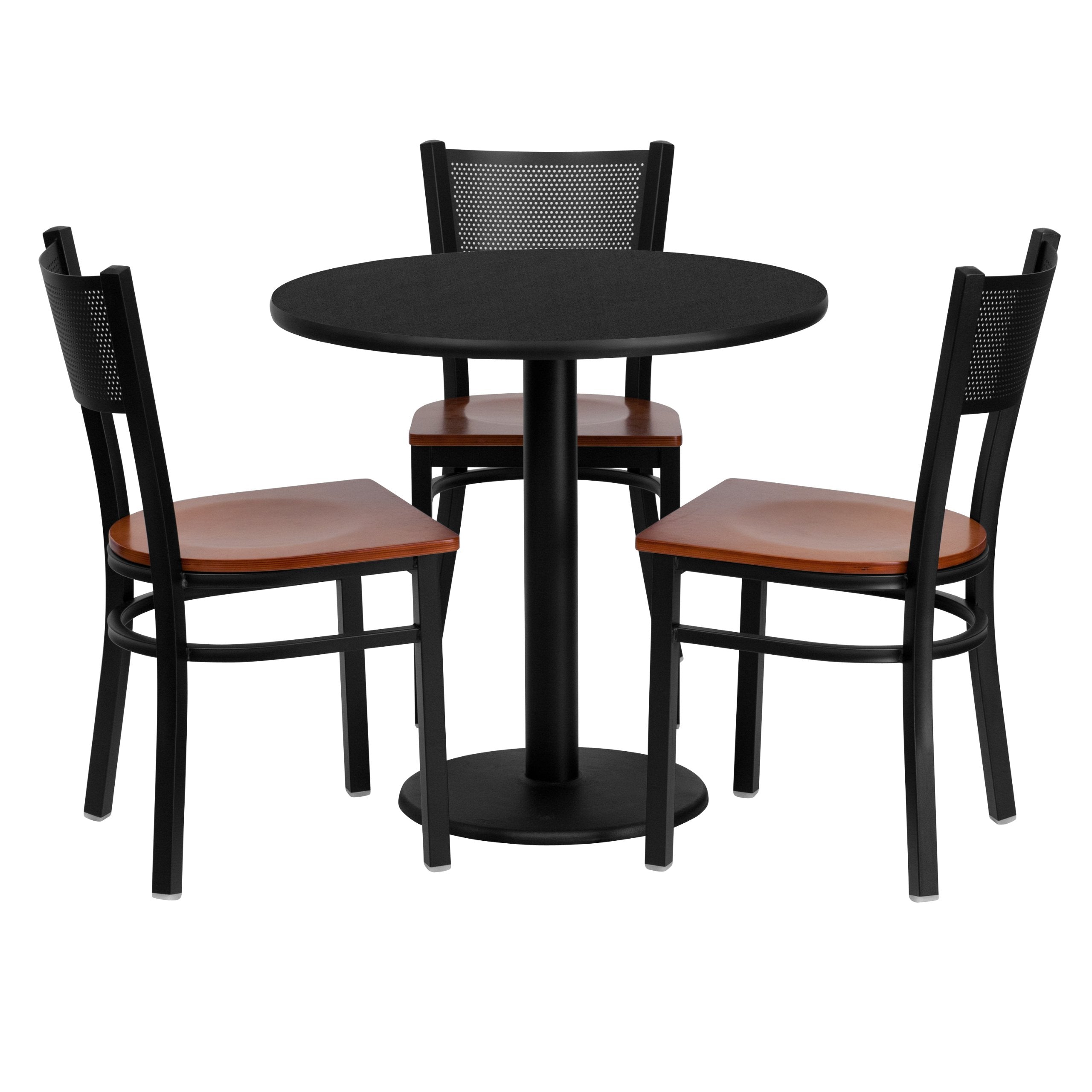 Flash Furniture 30'' Round Black Laminate Table Set With 3 Grid Back Metal Chairs - Cherry Wood Seat