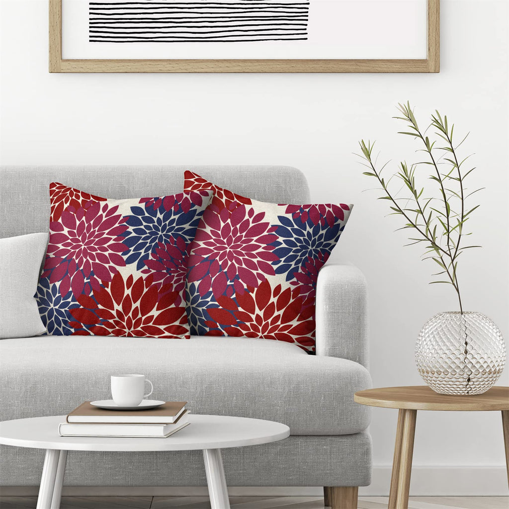Cxmeifly Burgundy Red Navy Blue Pillow Covers 18X18 Inch Set Of 2 Dahlia Floral Decor Throw Pillows Summer Modern Geometry Flowe