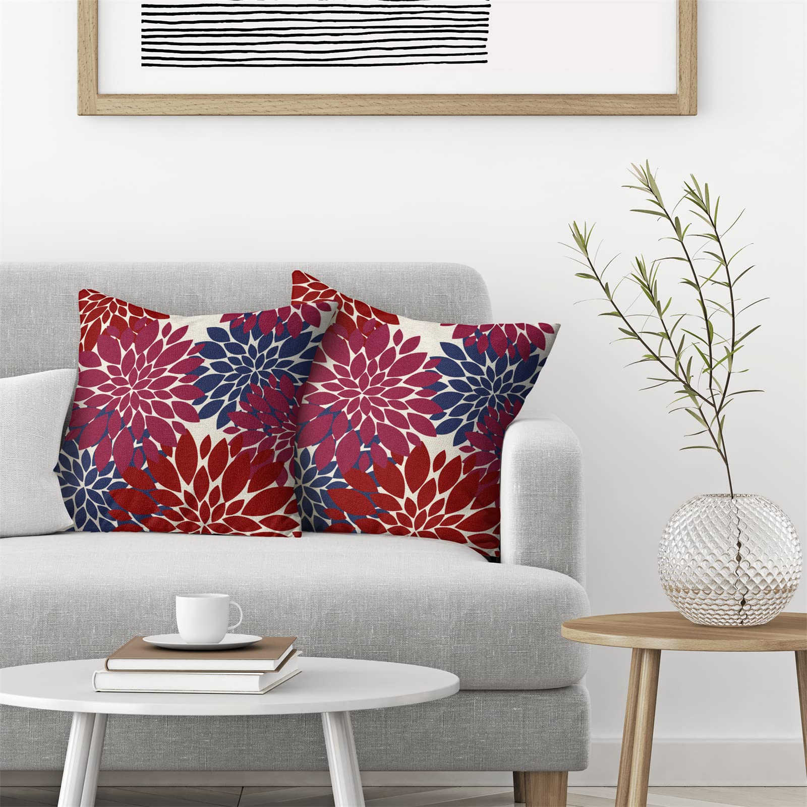 Cxmeifly Burgundy Red Navy Blue Pillow Covers 18X18 Inch Set Of 2 Dahlia Floral Decor Throw Pillows Summer Modern Geometry Flowe