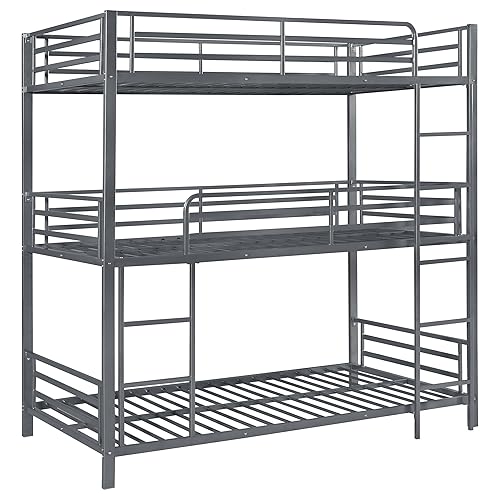 Coaster Home Furnishings Maynard Rustic Metal Twin Over Twin Over Twin Size Triple Bunk Bed Frame with Ladder and Guardrails Fully Slatted Mattress Ready Foundation Gunmetal 422670