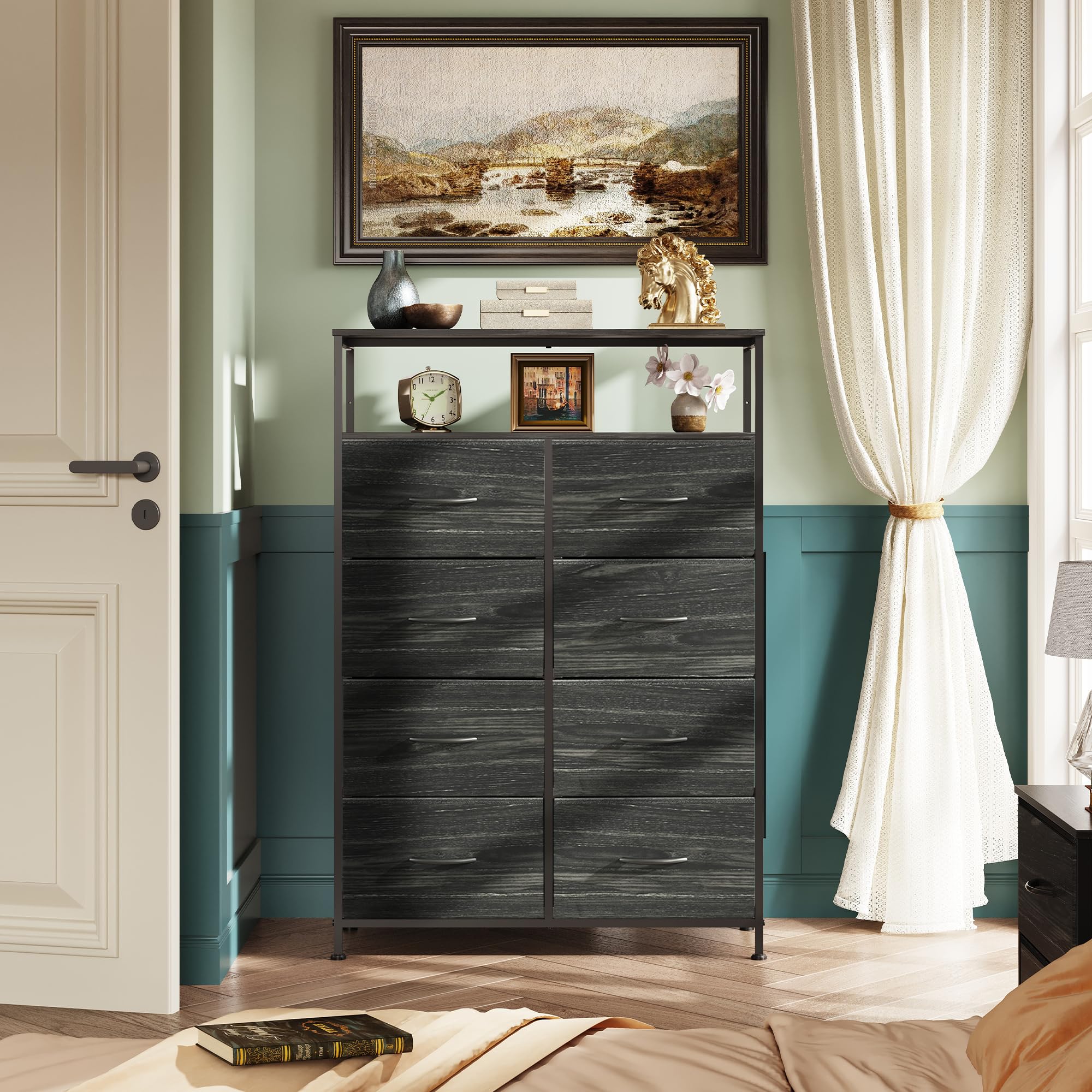 Wlive Fabric Dresser For Bedroom With Open Shelves, Tall Dresser With 8 Drawers, Storage Tower With Fabric Bins, Chest Of Drawers For Closet, Living Room, Hallway, Charcoal Black Wood Grain Print