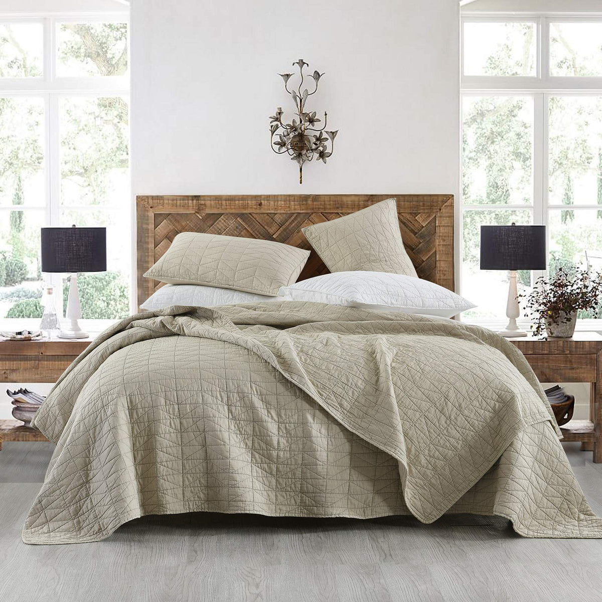 Horimote Home Quilt Set Twin Size, Stone-Washed Chic Rustic Beige Quilt With Classic Triangle Stitched Pattern, Ultra Soft Light