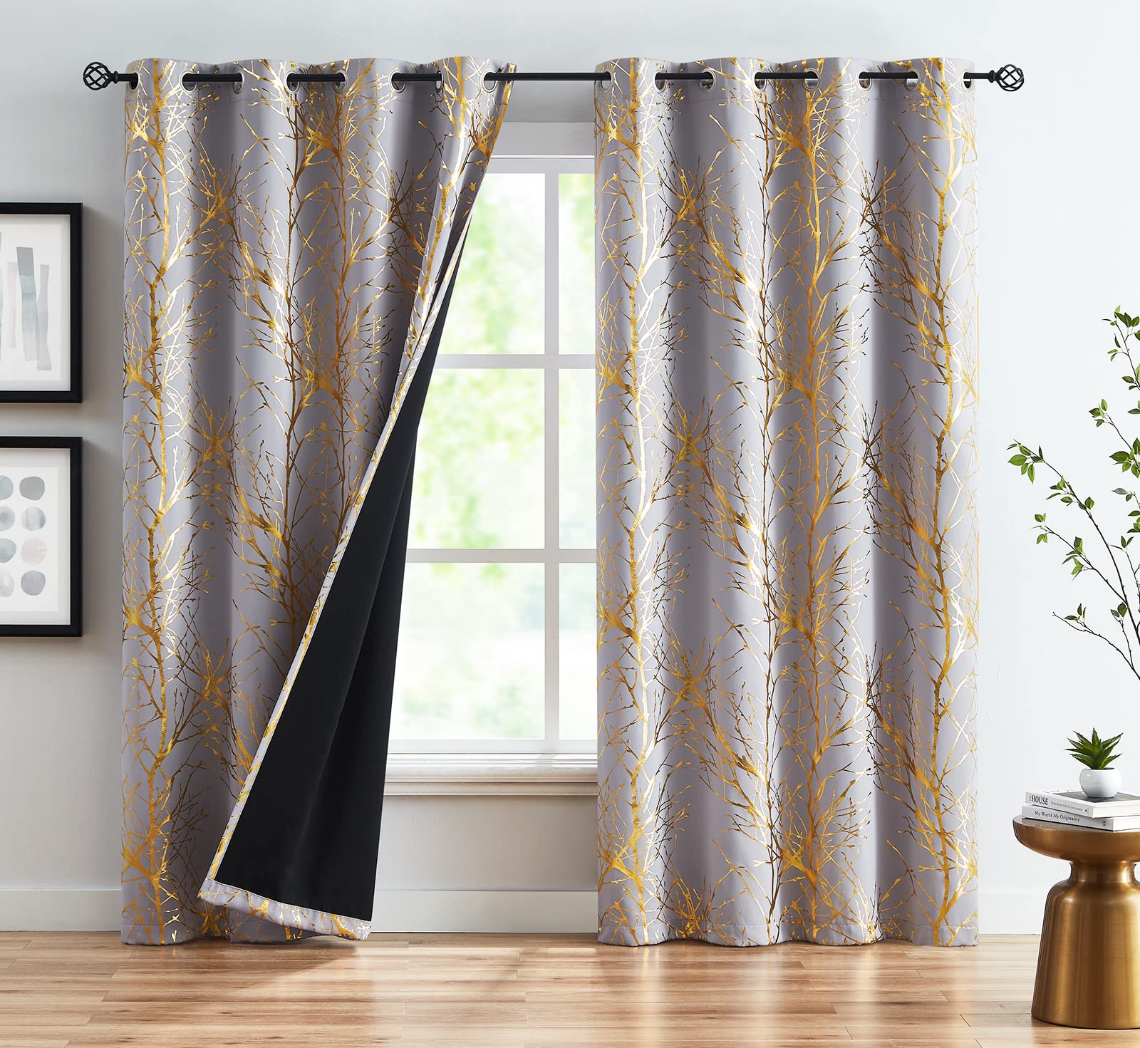 Fmfunctex Branch Grey Blackout Curtain Panels For Bedroom 84' Foil Gold Tree Branch Window Curtains Metallic Print Energy Effic