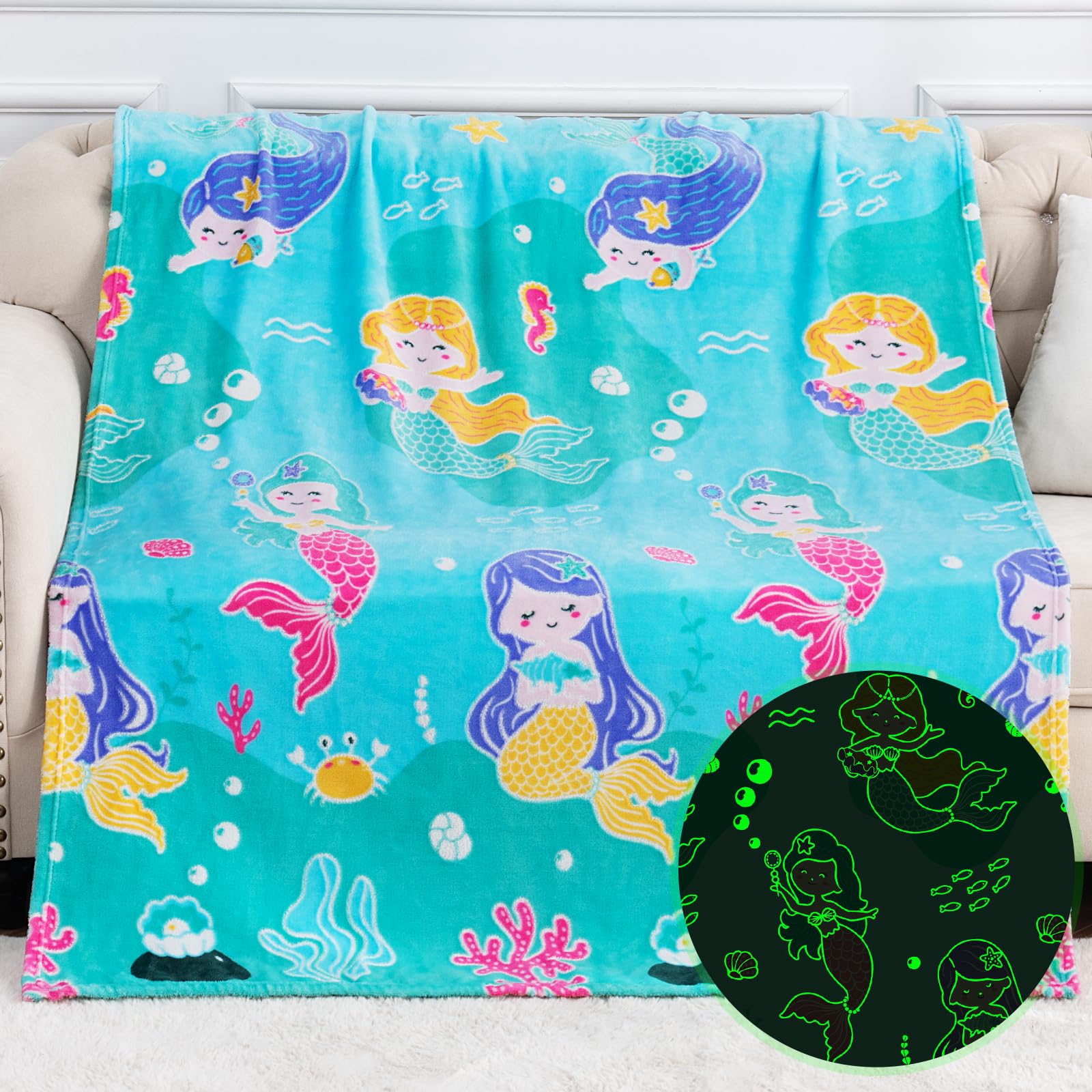 Mermaid Toys Gifts For Girls Kids - Glow In The Dark Ocean Blanket Best Birthday Christmas Valentines Day Easter Presents For Ag