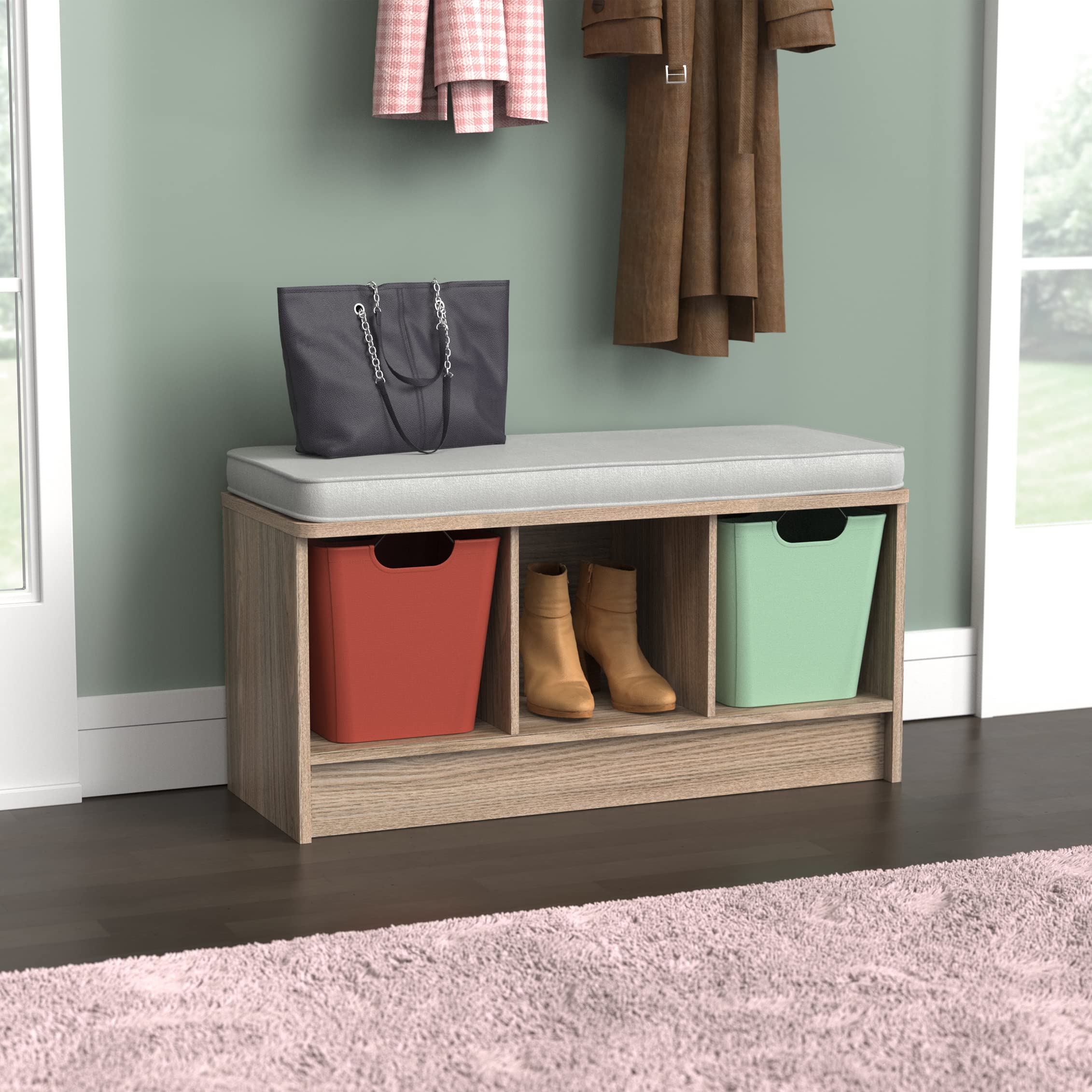 Closetmaid 3258 Cubeicals 3-Cube Storage Bench, Natural Gray With Gray Cushion