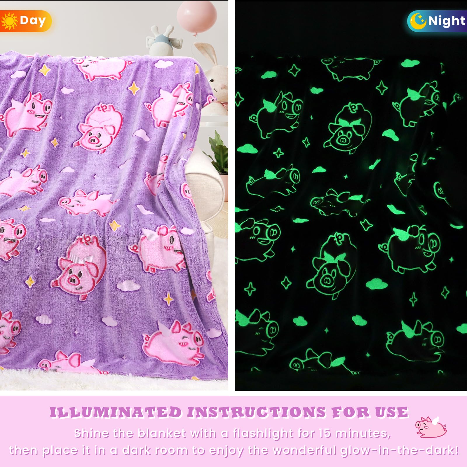 Pig Blanket Glow In The Dark Cute Pink Pig Throw Blanket For Girls Kids Pig Gifts For Girls Soft Fleece Animal Blanket For Toddler Pig Decor Kids Birthday Valentines