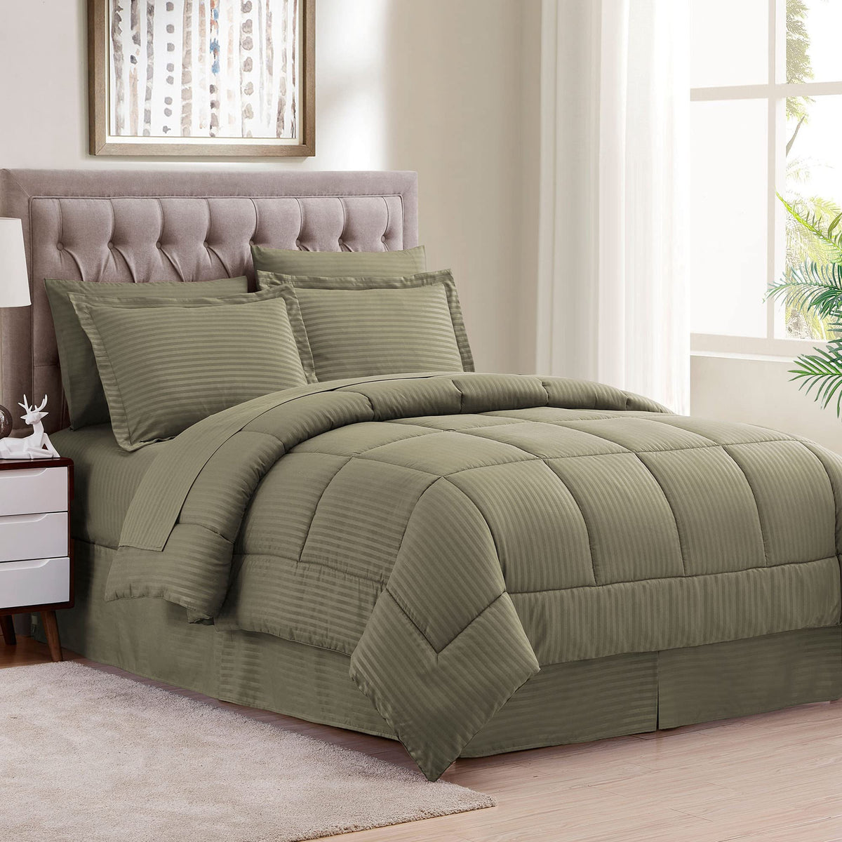 Sweet Home Collection 8 Piece Bed In A Bag With Dobby Stripe Comforter, Sheet Set, Bed Skirt, And Sham Set - Queen Size, Sage (P