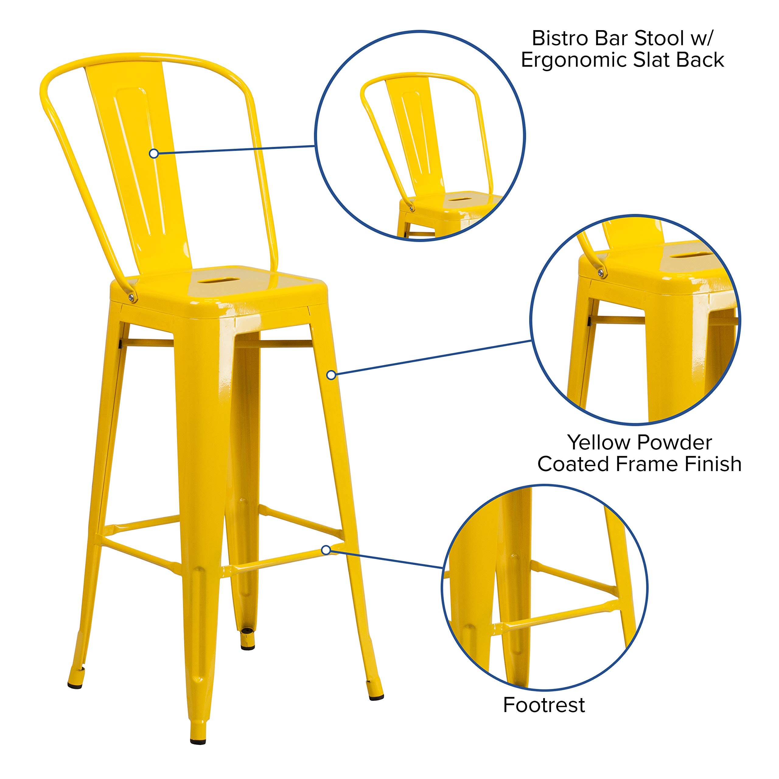 Flash Furniture Commercial Grade 30" High Yellow Metal Indoor-Outdoor Barstool with Removable Back