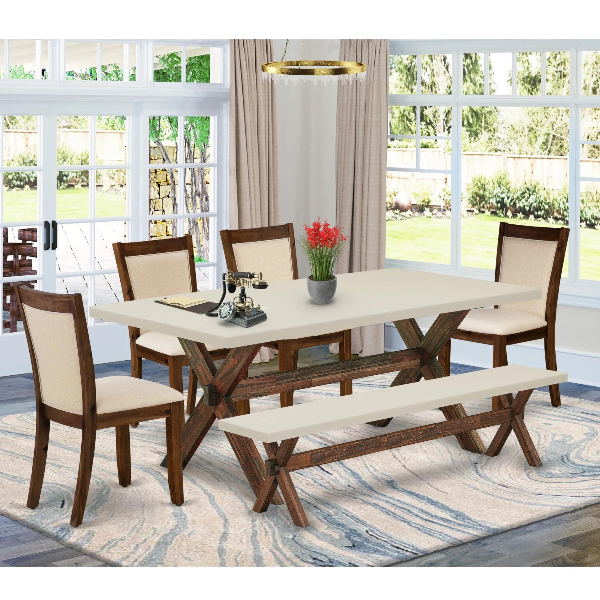 East West Furniture X727Mzn32-6 6 Piece Kitchen Table Set Contains A Rectangle Dining Table With X-Legs And 4 Light Beige Linen Fabric Parson Chairs With A Bench, 40X72 Inch, Multi-Color