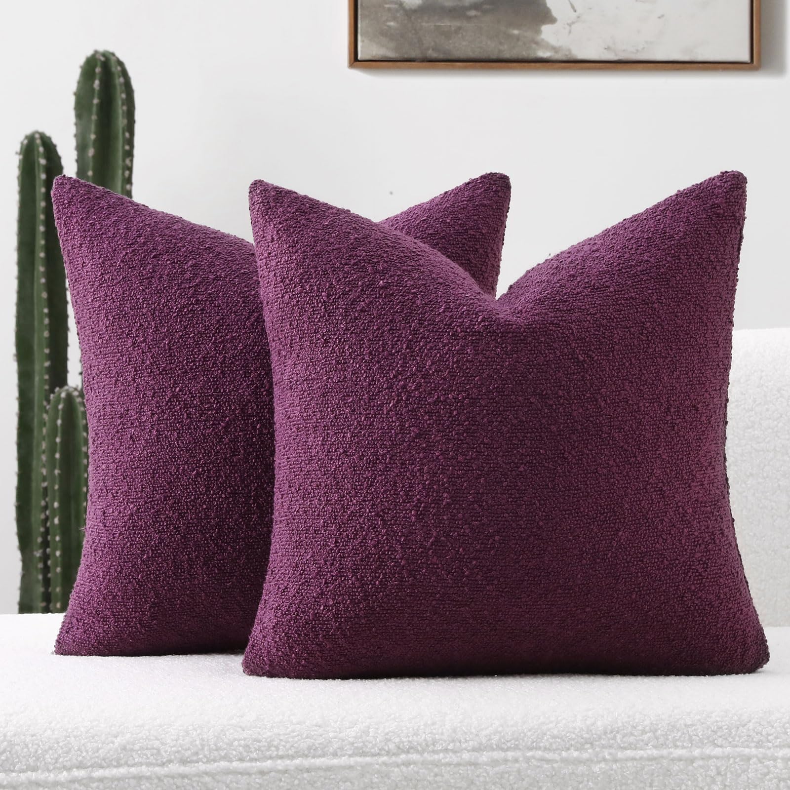 Futei Pack Of 2 Purple Boucle Accent Decorative Throw Pillow Covers,26X26 Inch Soft Solid Textured Euro Pillow Shams,Home Decor