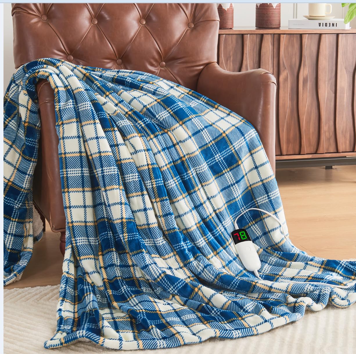 Heated Blanket Electric Throw, 50X60, Heating Throw With 10 Heating Levels/8 Hours Auto Off, Navy Blue Plaid Checkered Sherpa Bl