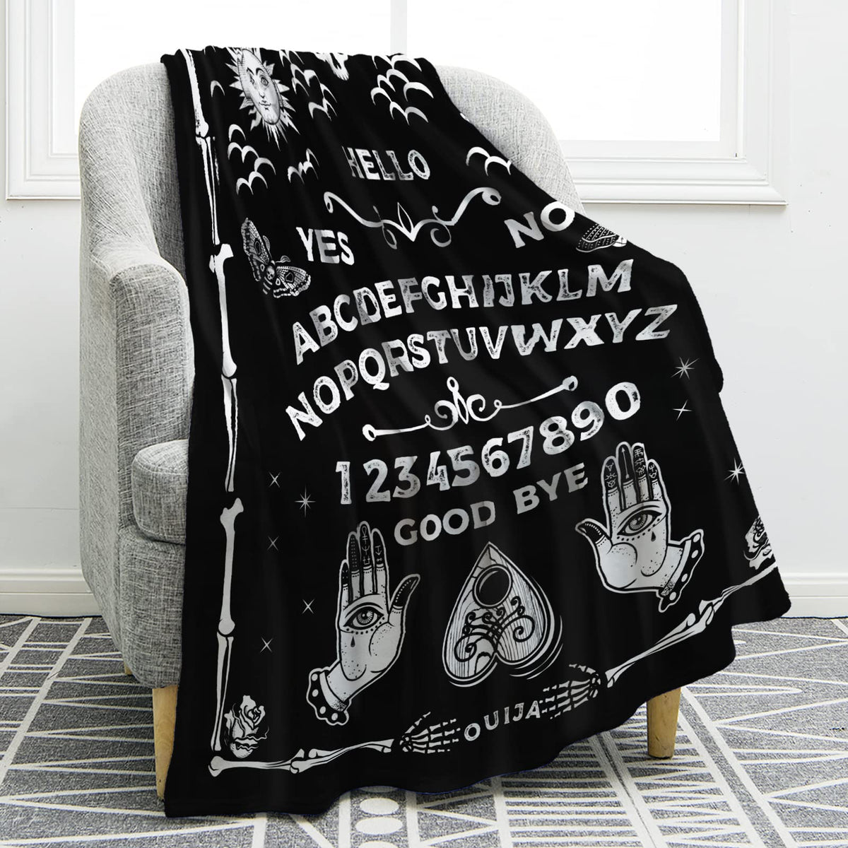 Jekeno Ouija Board Blanket Gothic Witch Gift For Halloween Sun Moon Skeleton Skull Horror Spooky Presents For Women Kids Girls B