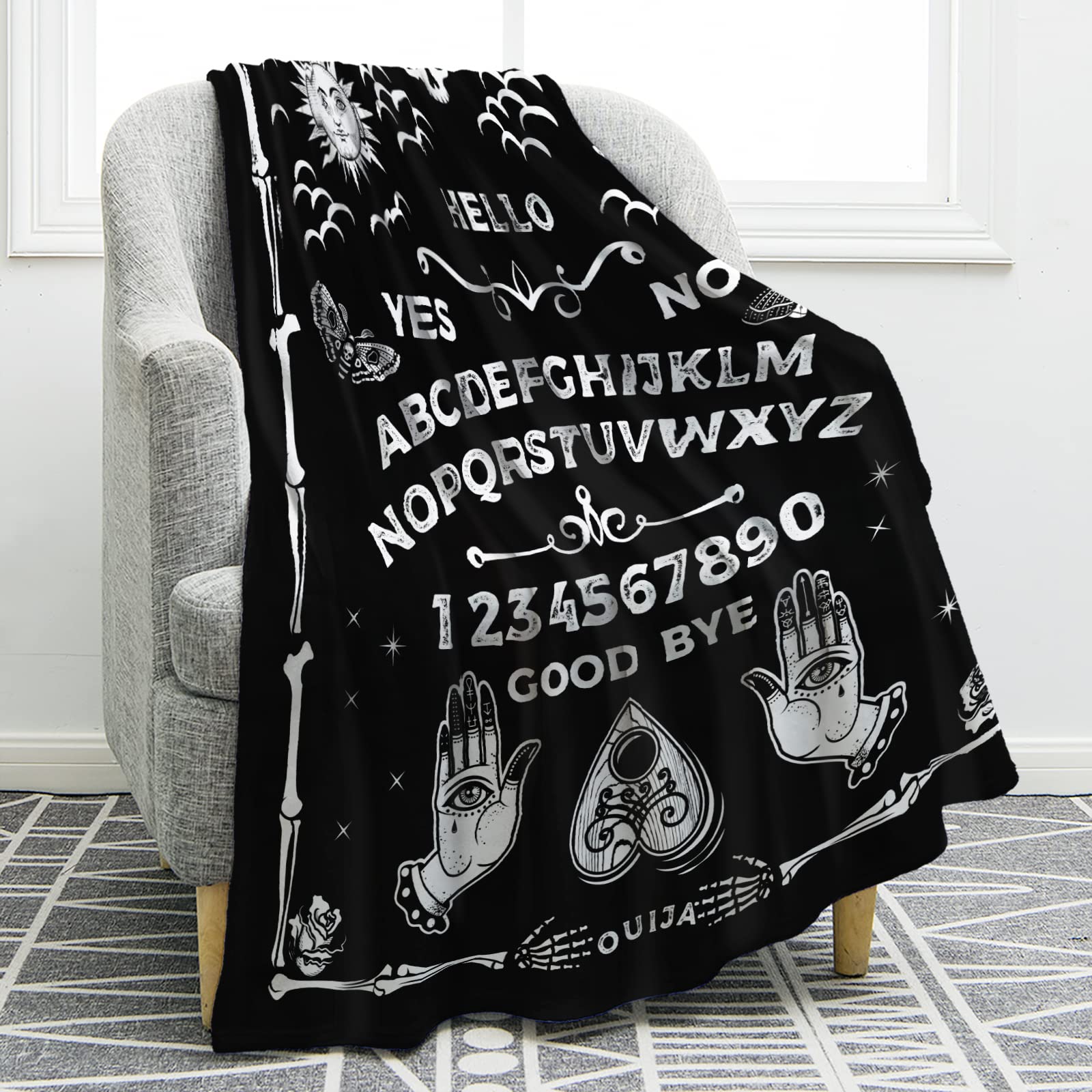 Jekeno Ouija Board Blanket Gothic Witch Gift For Halloween Sun Moon Skeleton Skull Horror Spooky Presents For Women Kids Girls B
