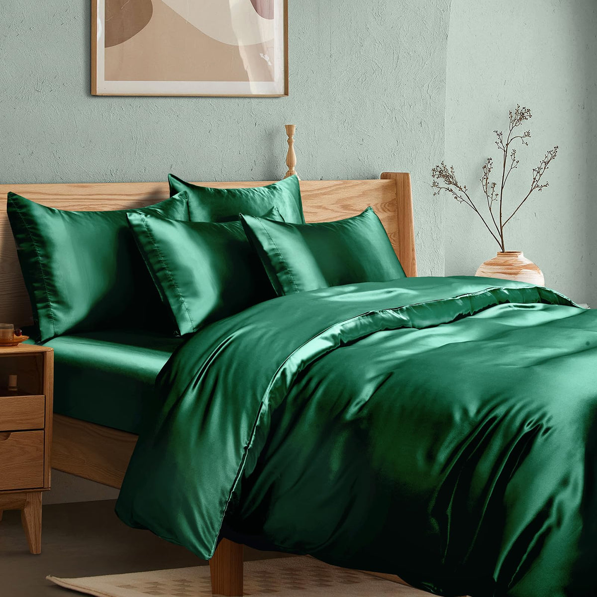 Manyshofu 6Pcs Dark Green Duvet King Size Cover Set With Satin Fitted Sheet - Not Comforter, Cooling & Silky Comforter Cover Set