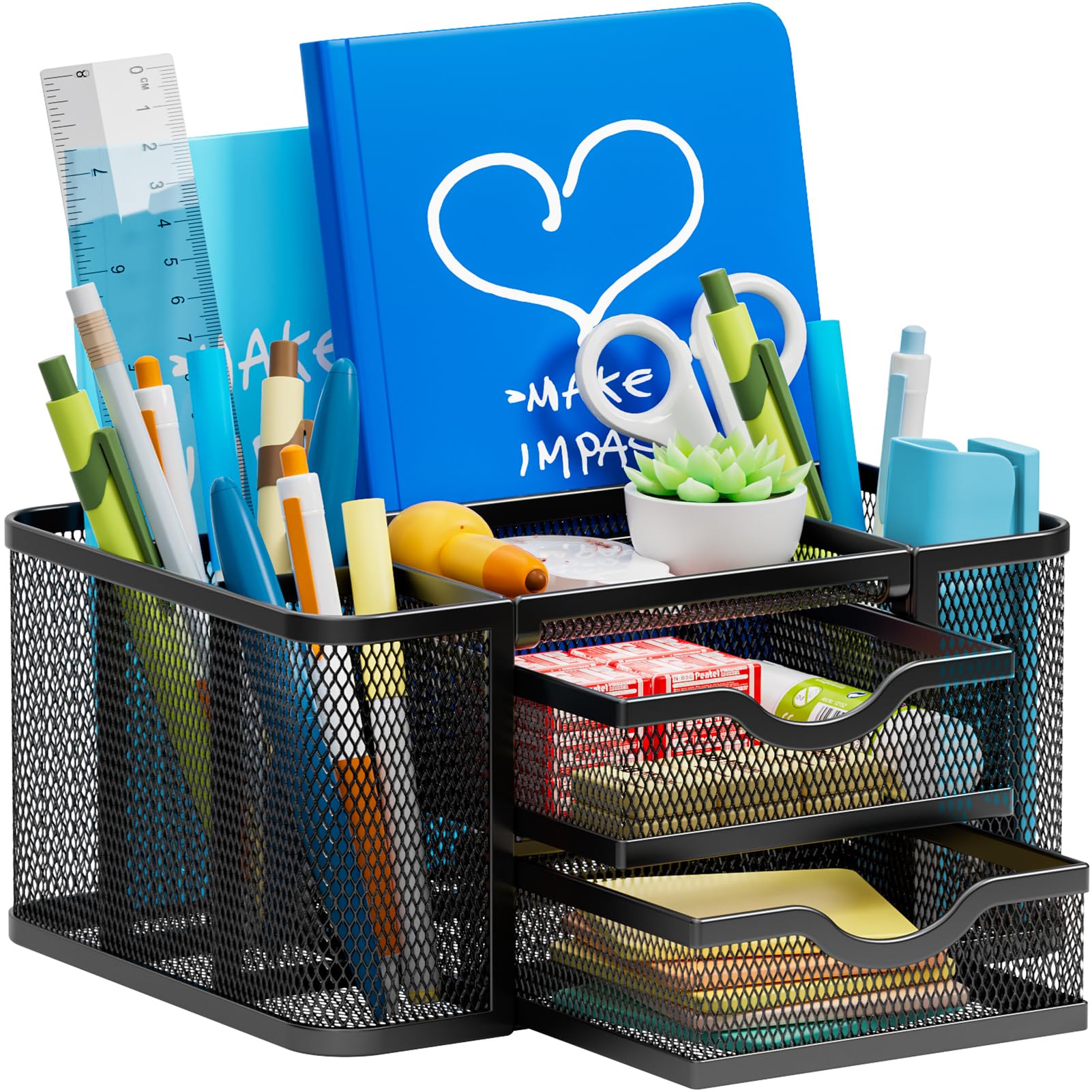 Marbrasse Mesh Desk Organizer, Pen Organizer With 2 Drawer, Multi-Functional Pencil Holder For Desk, Desk Organizers And Accesso