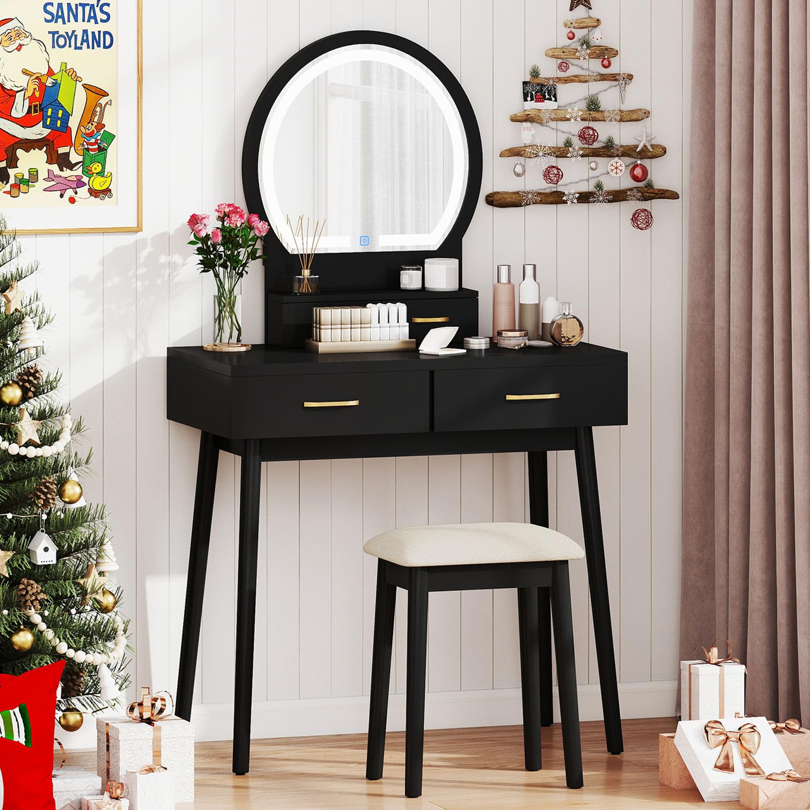 CHARMAID Vanity Desk with Mirror and Lights, Modern Makeup Vanity Table with 4 Drawers, 3-Color Dimmable LED Mirror, Girls Dress
