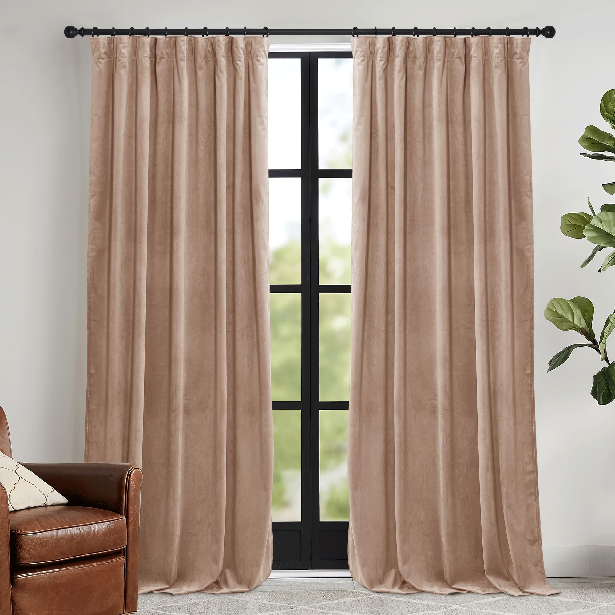 Ryb Home Blush Velvet Curtains With Hook Tape, Thermal Insulated Privacy Protect Decorative Drapes For Home Theater Nursery, W 5