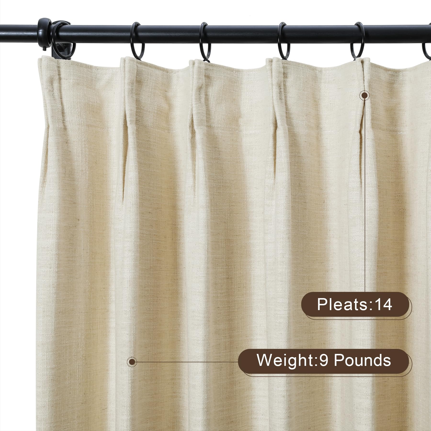 Twopages Sand Beige Linen Pinch Pleat Drape For Living Room, Window Treatment Curtain Panel Double Layer Room Darkening Light Fi