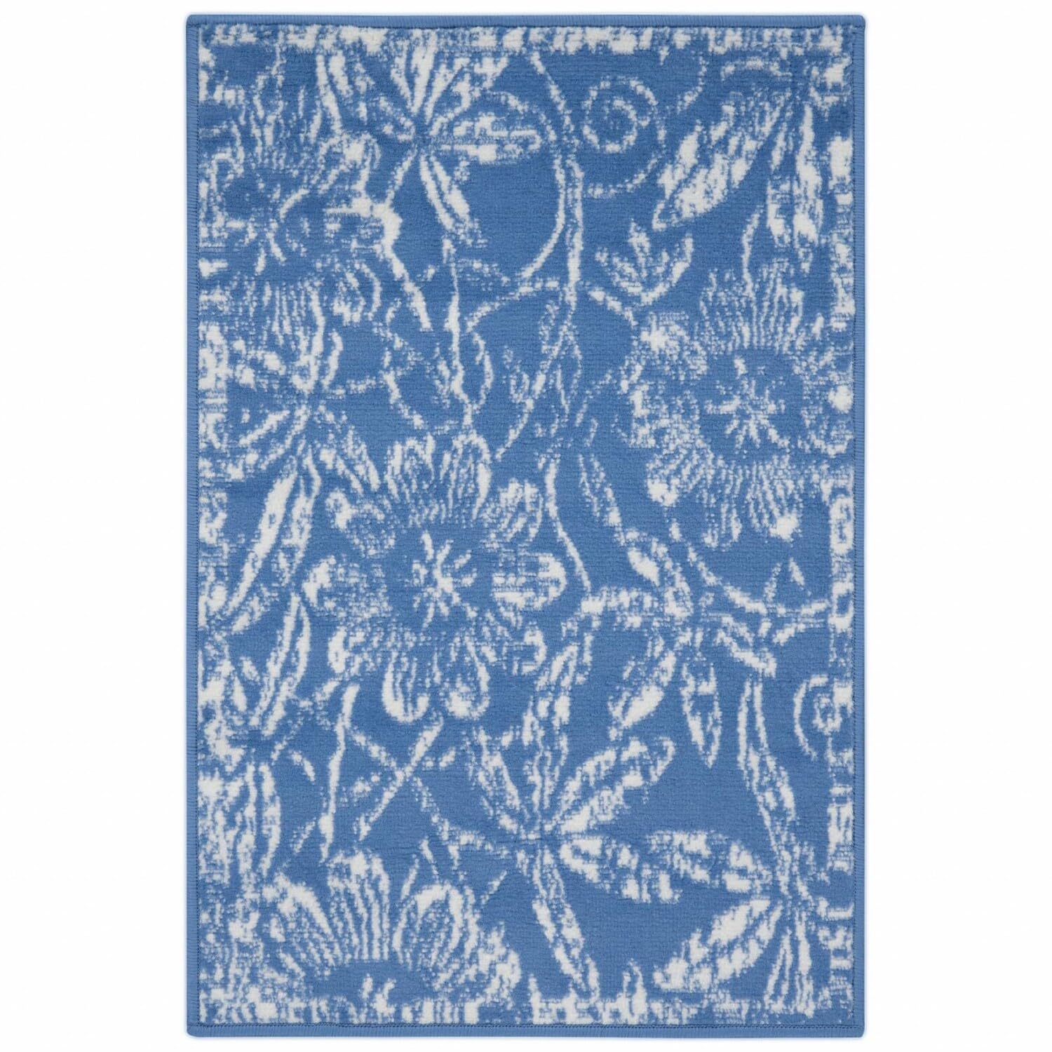 HomeRoots 100% Polypropylene 6’ x 9’ Blue and Ivory Floral Vines Area Rug