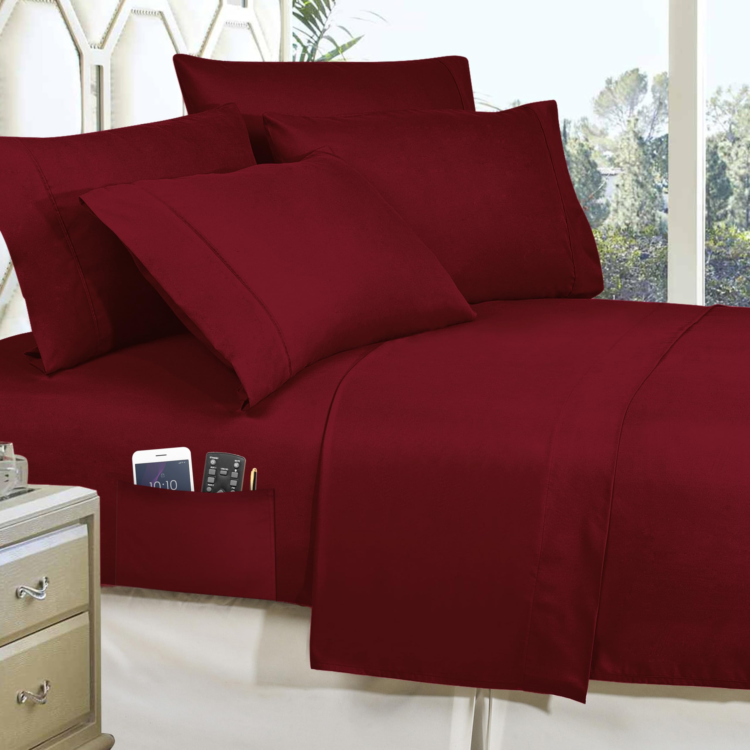 Elegant Comfort 8- Piece Cabin Patch Reversible Comforter Set Bed-In-A-Bag Set - Silky Soft Complete Set Includes Bed Sheet Set With Double Sided Storage Pockets, King/Cal King, Burgundy