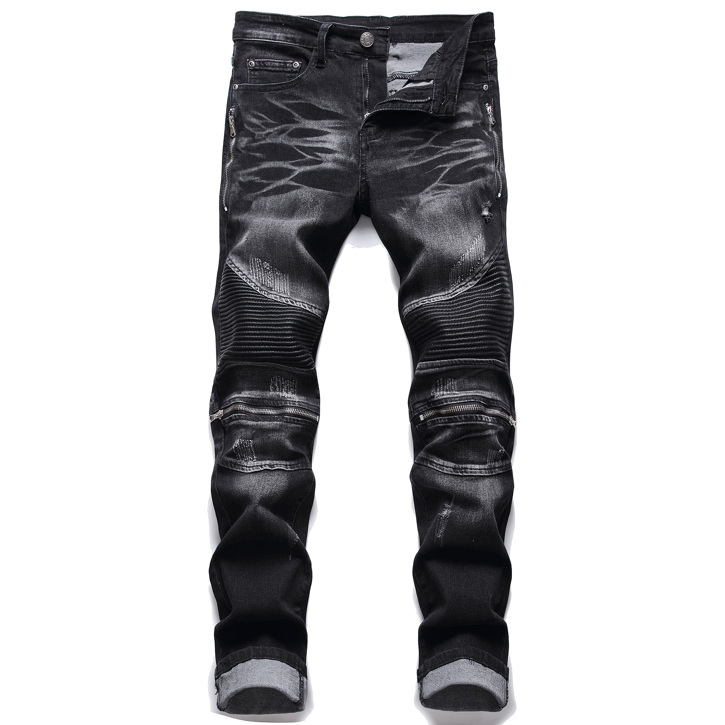 Aititia Mens Biker Zipper Deco Washed Straight Fit Jeans (32W X 31L, 005 Black)