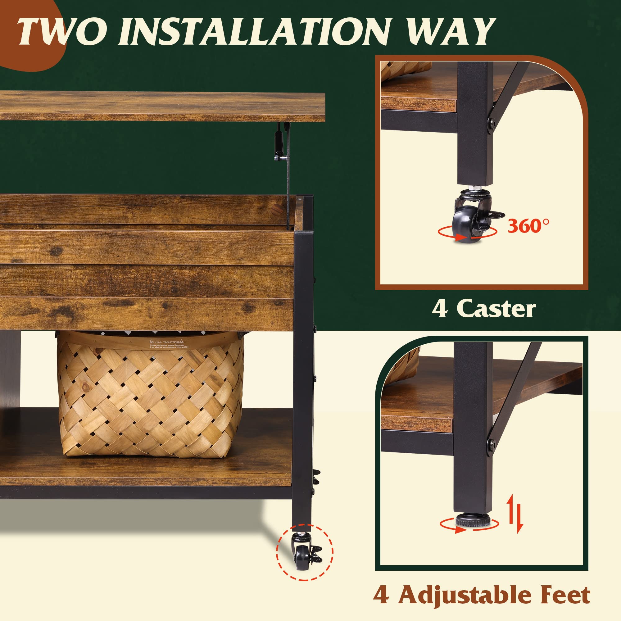 Wlive Coffee Table, 41.3' Lift Top Coffee Table With 4 Wheels, Hidden Compartment, Storage Shelf And Lift Tabletop For Living Room, Reception Room, Rustic Brown