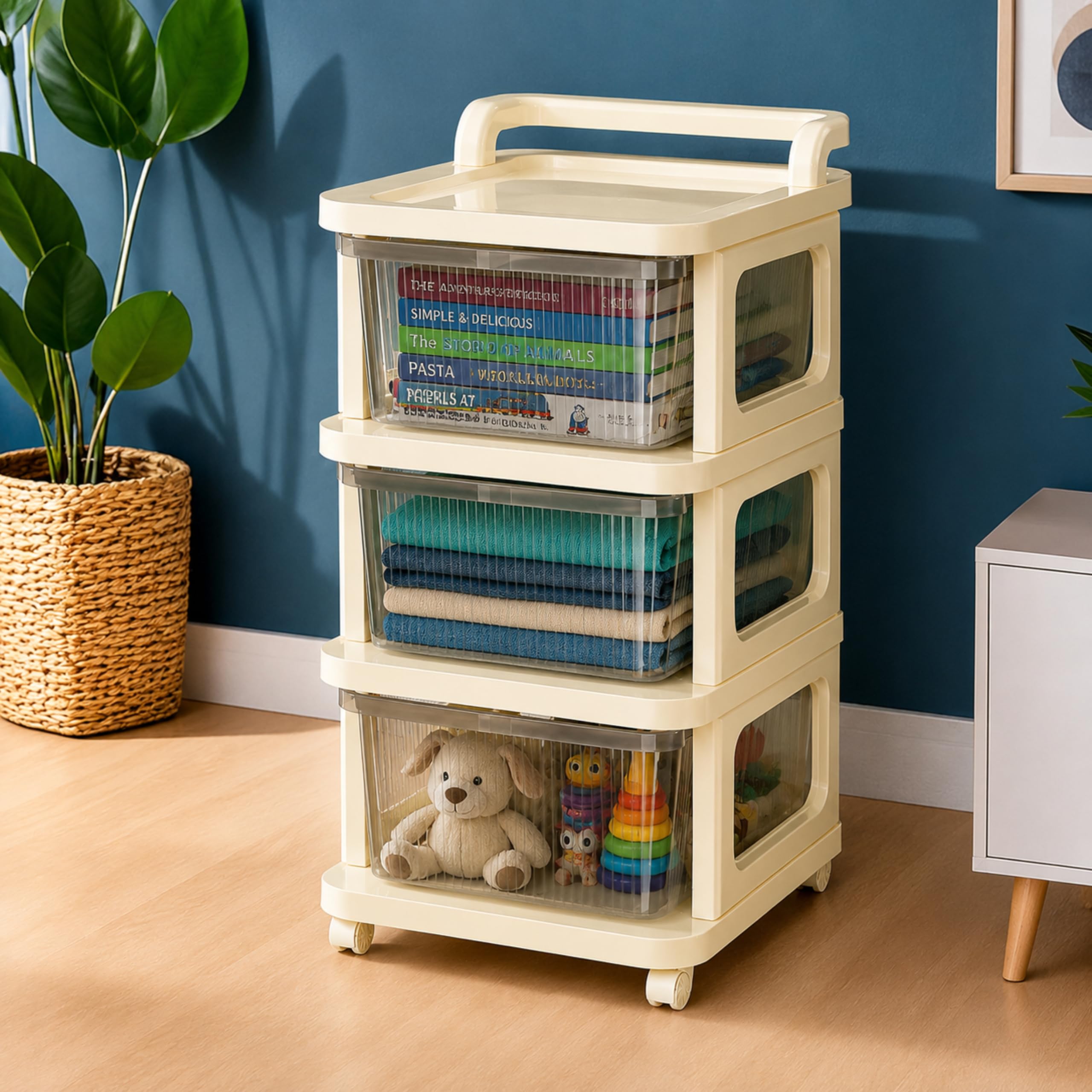 3 Layer Plastic Modular Storage Drawer Organiser With Wheels