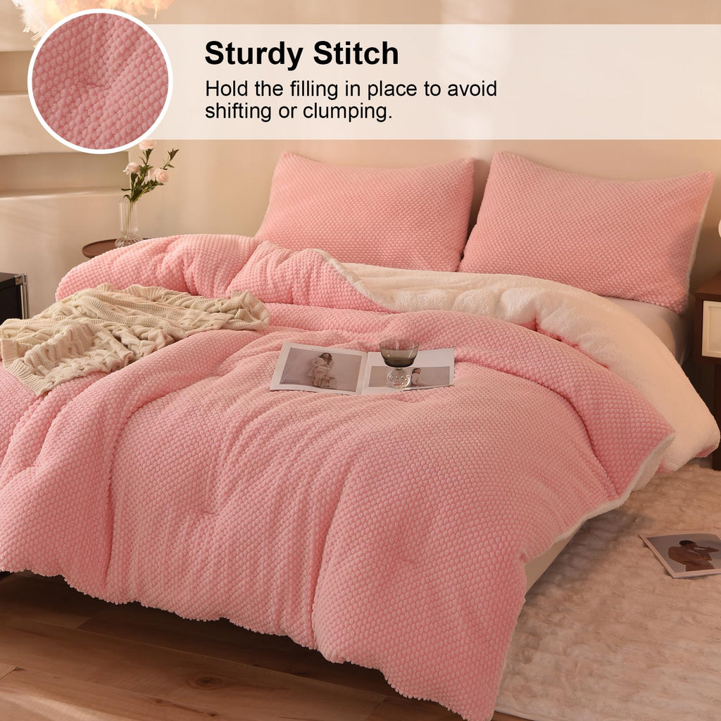 Llancl 3D Jacquard Design Comforter Set, Ultra-Soft Warm Queen Size Sherpa Fur Plush 3-Pieces Sets Luxury Cozy Bedding With 2 Pi