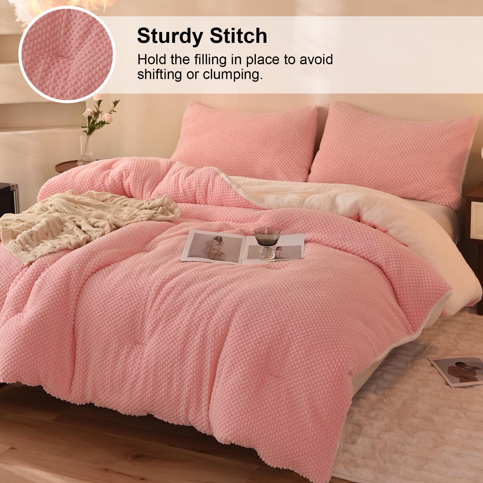Llancl 3D Jacquard Design Comforter Set, Ultra-Soft Warm Queen Size Sherpa Fur Plush 3-Pieces Sets Luxury Cozy Bedding With 2 Pi