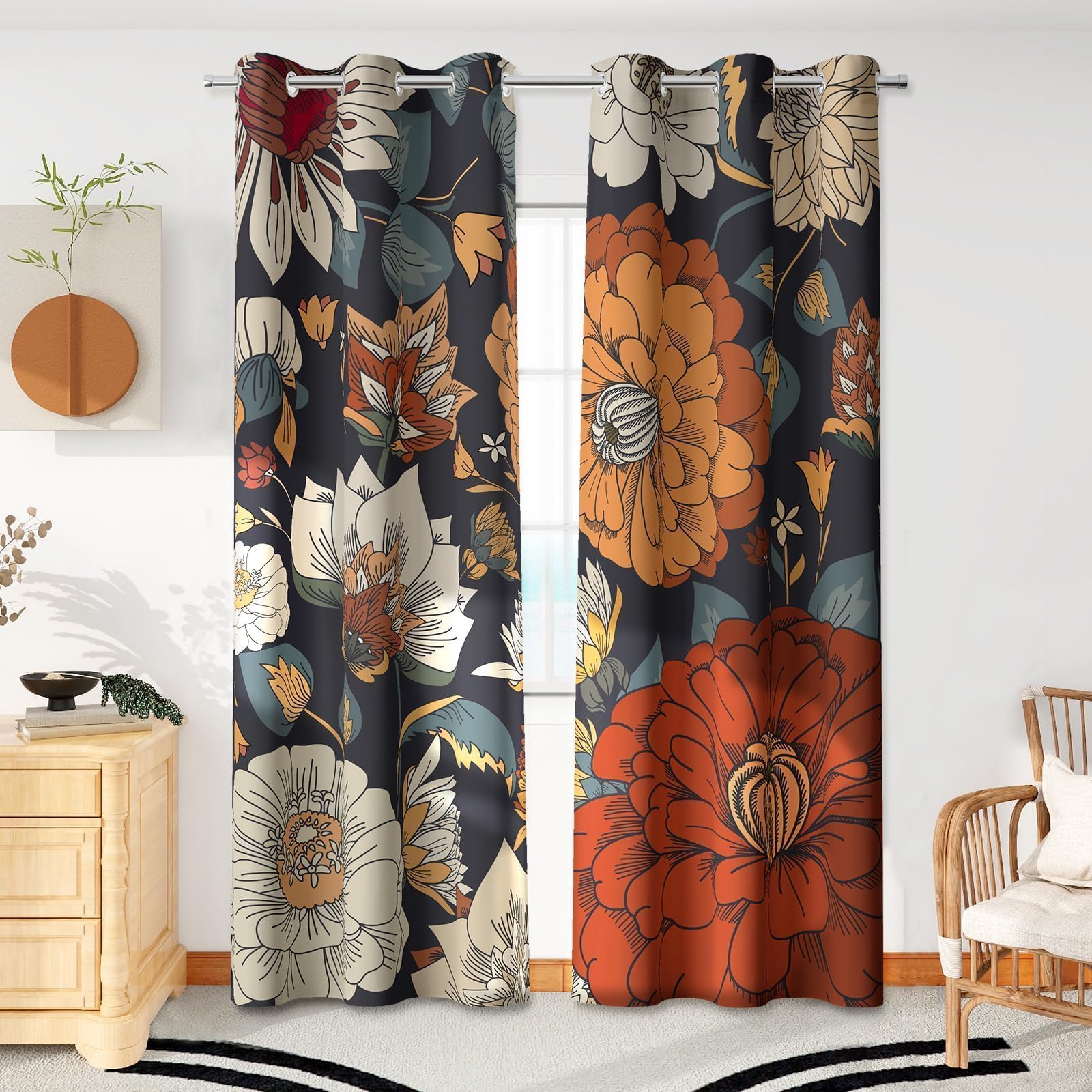Tyrot Black Boho Floral 100% Blackout Curtains For Bedroom 84 Inch Long 2 Panels Mid Century Botanical Black Out Curtains For Li
