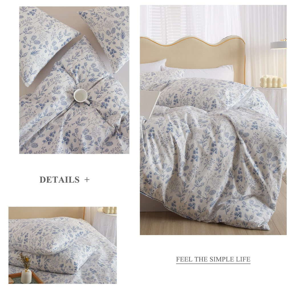 3 Pieces Duvet Cover Queen Size White Duvet Cover With Blue Floral Print,Soft Cotton Comforter Cover Boho Style,Aesthetic Queen