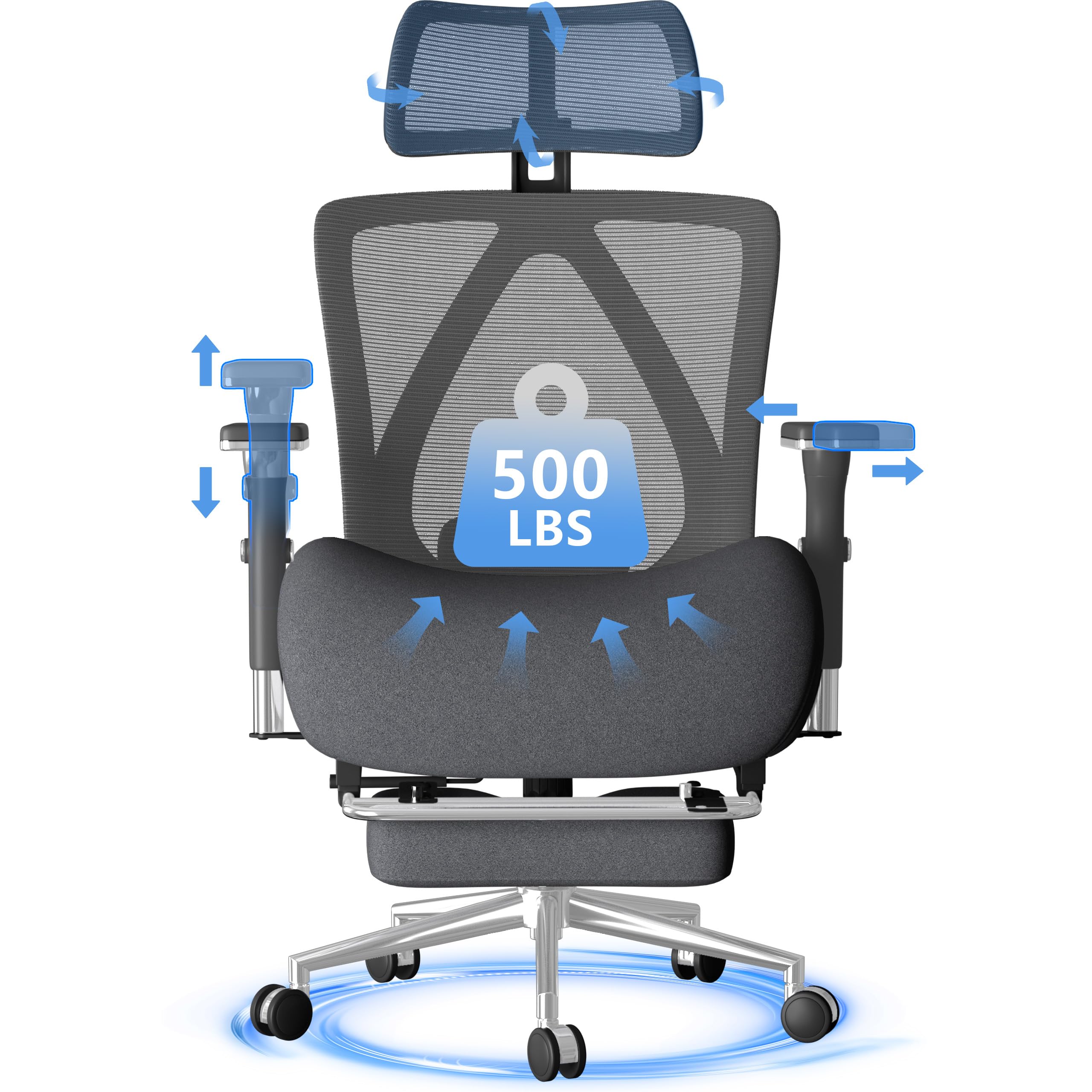 500 Lbs Big And Tall Office Chair With Footrest, Ergonomic Mesh Office Chair With Thicken Wide Cushion, 4D Armrest, Adjustable L