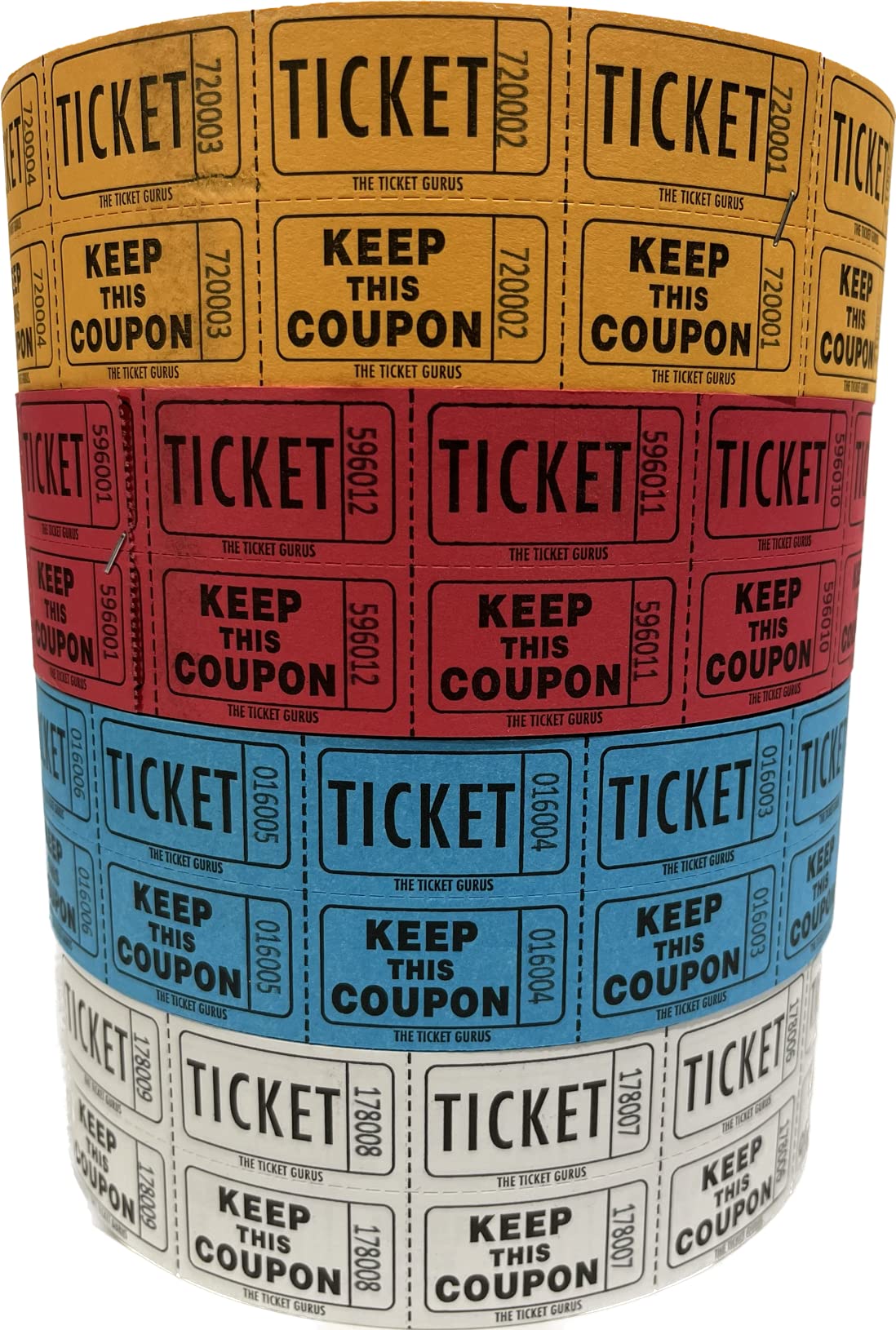 Ticket Guru-Raffle Tickets - (4 Rolls Of 2000 Double Tickets) 8,000 Total 50/50 Raffle Tickets (Choose Color Combo Below) (Red/B