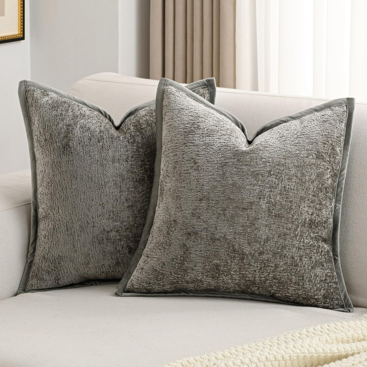 Futei Grey Chenille Throw Pillow Covers 26X26 Inch Set Of 2,Soft Velvet Euro Pillow Shams,Home Decor For Couch Bed Living Room