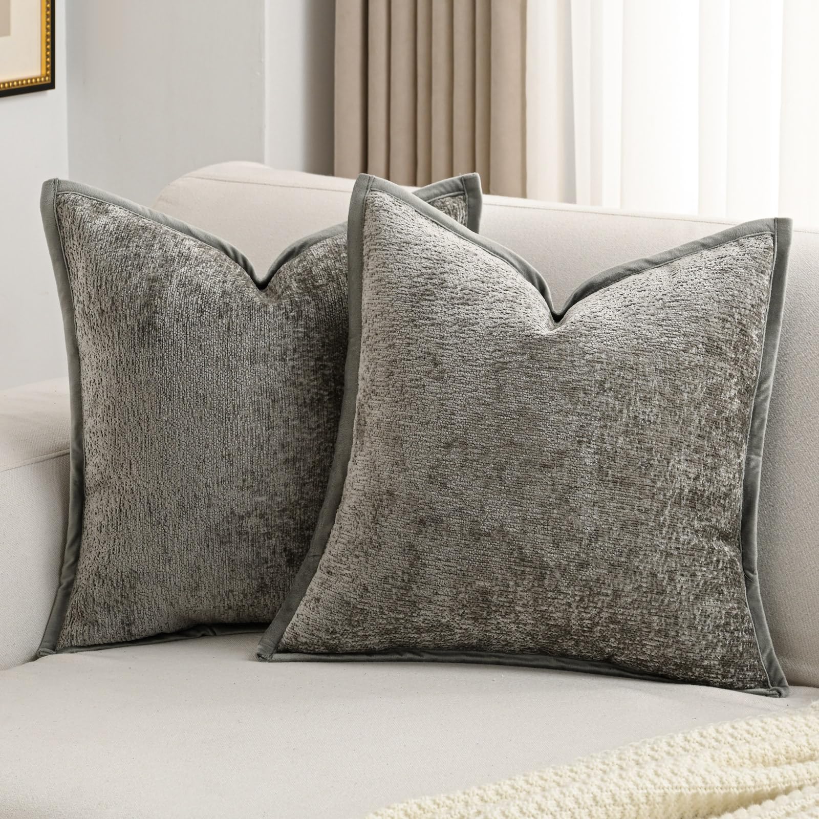 Futei Grey Chenille Throw Pillow Covers 16X16 Inch Set Of 2,Soft Velvet Cushion Case,Home Decor For Couch Bed Living Room