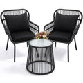 Wildformers 3 Pieces Rattan Wicker Bistro Set, Outdoor Conversation Set, Wicker Furniture Set With Glass Top Table, Space Saving For Balcony, Backyard, Black