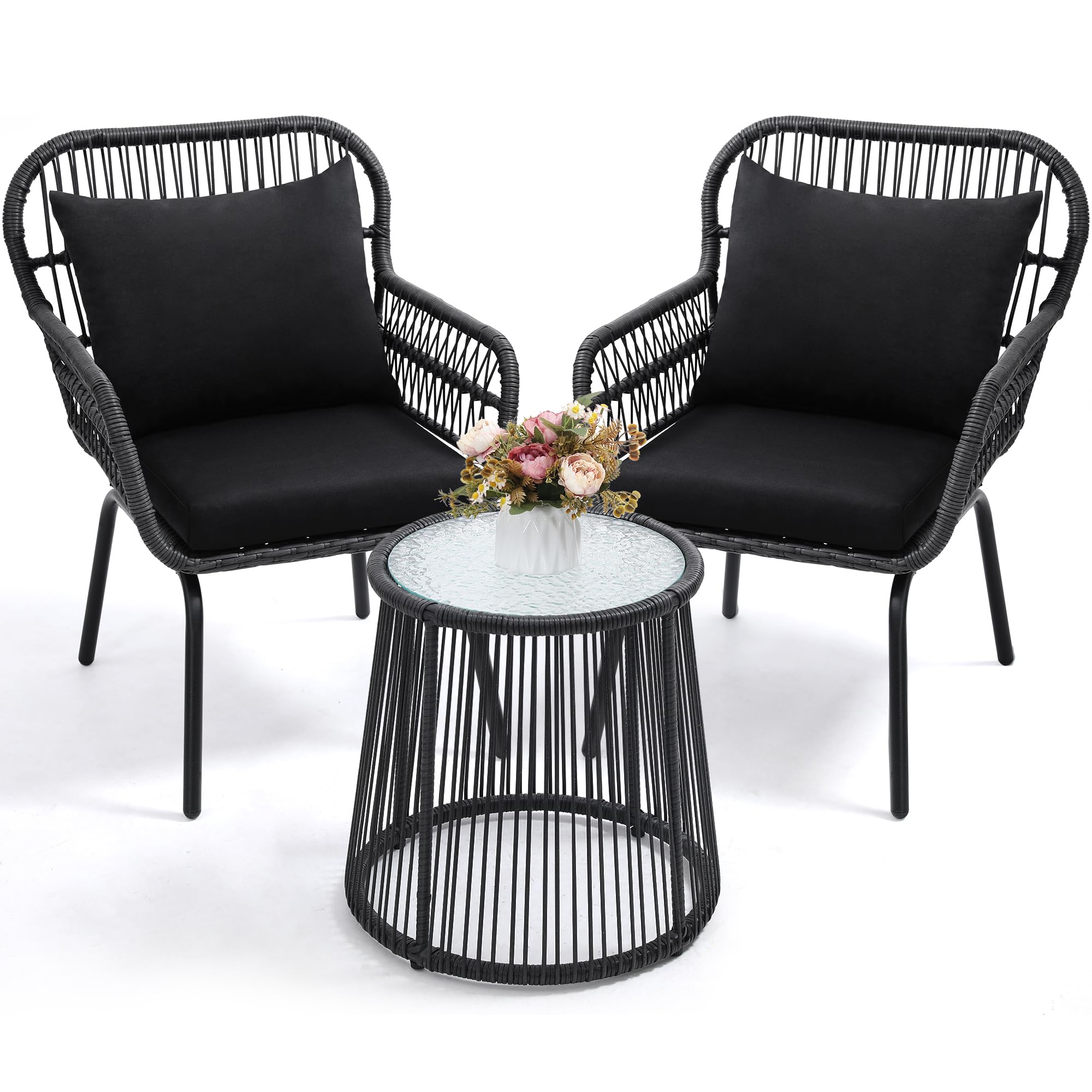 Wildformers 3 Pieces Rattan Wicker Bistro Set, Outdoor Conversation Set, Wicker Furniture Set With Glass Top Table, Space Saving For Balcony, Backyard, Black
