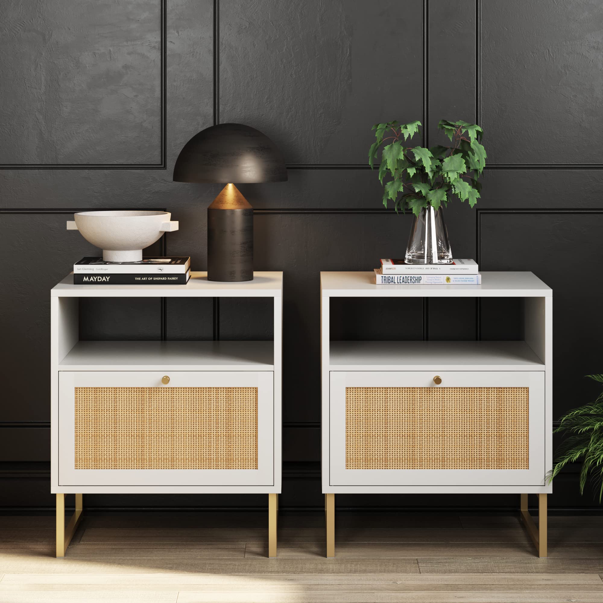 Nathan James Mina Side End or Accent Table Nightstand with Natural Rattan Storage Door for Bedroom, White/Gold, Set of 2