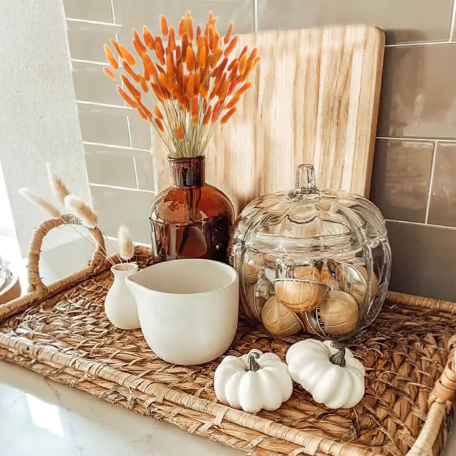 Cisdueo 120Pcs Dried Bunny Tails Flowers Orange Lagurus Ovatus Tail Dried Flowers Pampas Grass Natural Dried Floral Arrangement