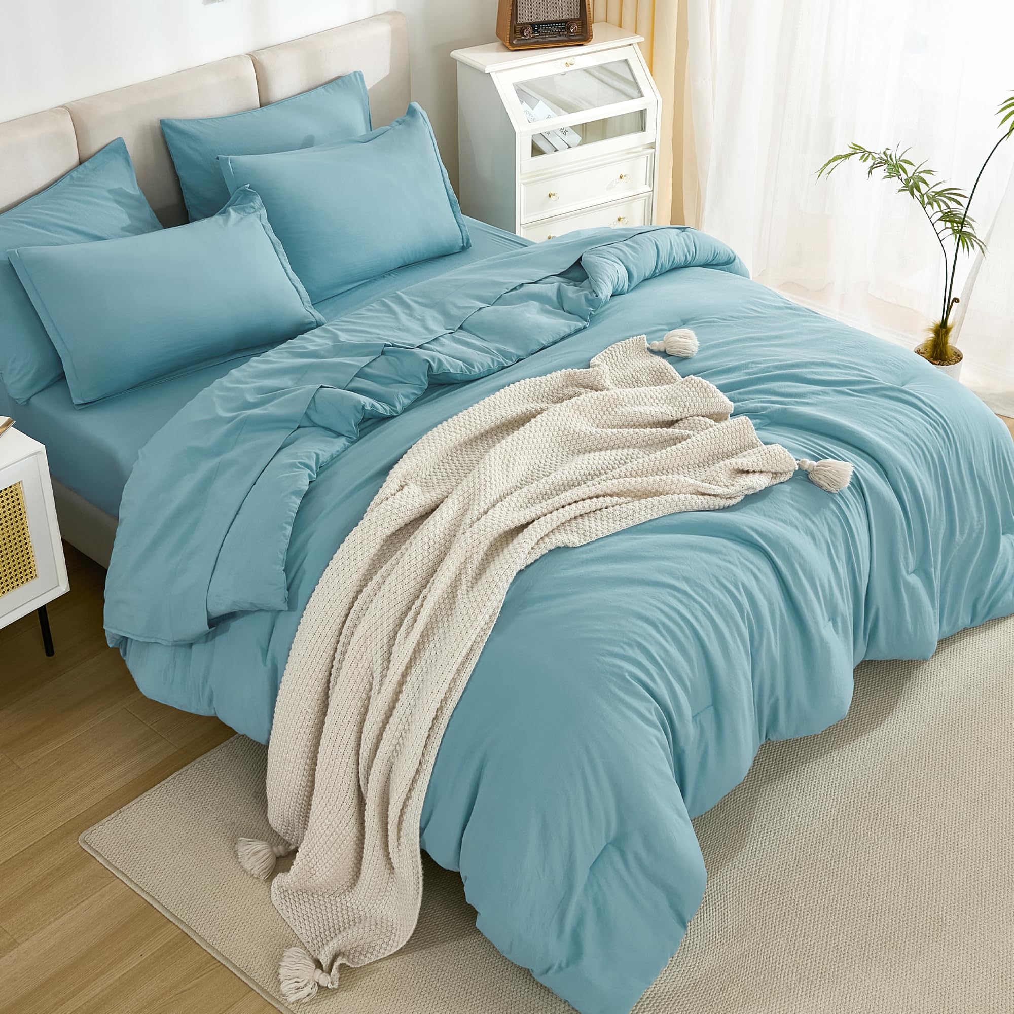 Litanika California King Comforter Set Grayish Teal - 7 Pieces Bed In A Bag Cal King Beddding Comforter Sets, Plain Lightweight