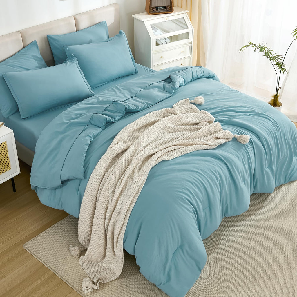 Litanika Queen Comforter Set Grayish Teal - 7 Pieces Bed In A Bag Queen Beddding Comforter Sets, Solid Lightweight Bed Set With