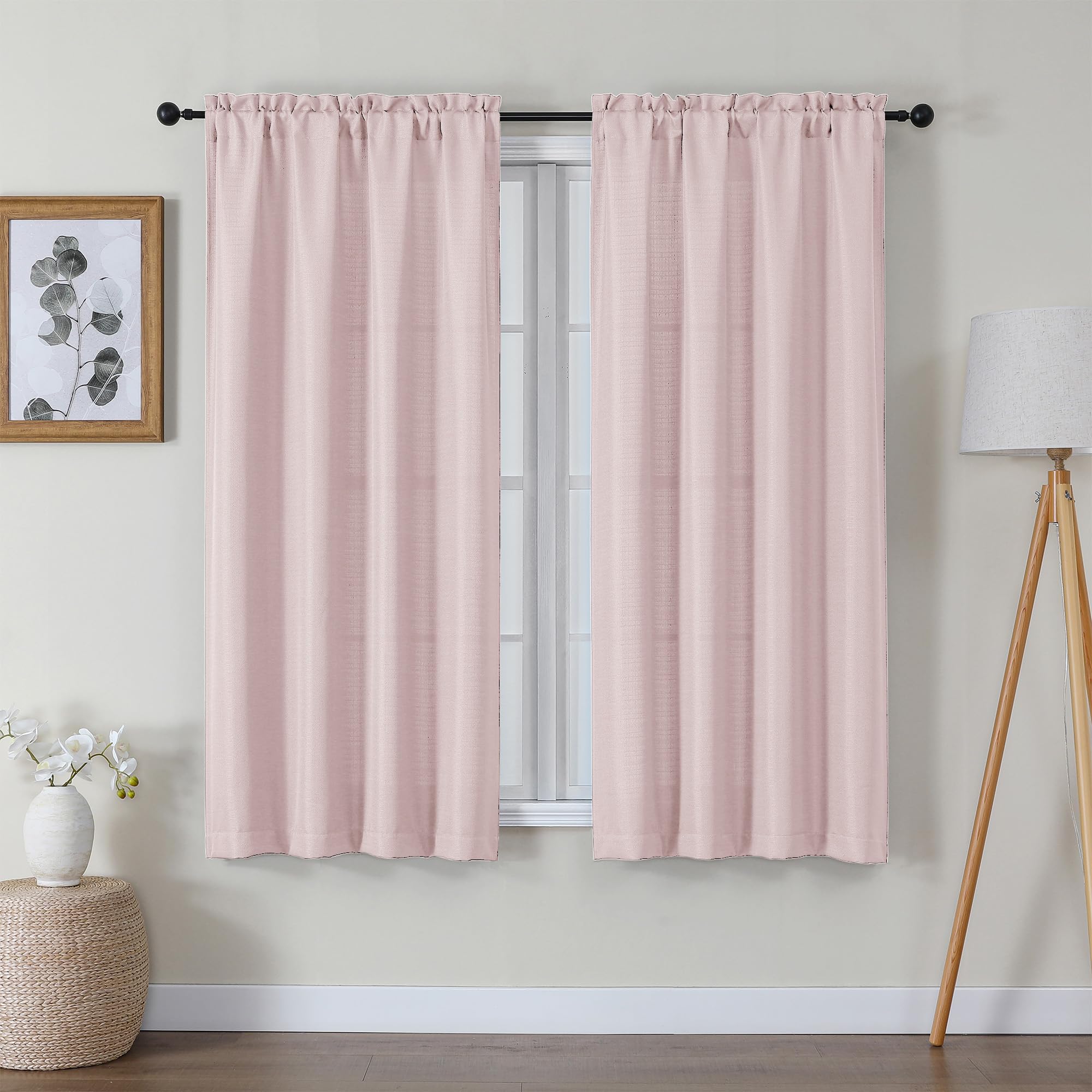 Lecloud Bessie Blush Pink Curtains 63 Inch Length 2 Panels, Light Filtering Curtains for Bedroom, Faux Linen Textured Window Dra
